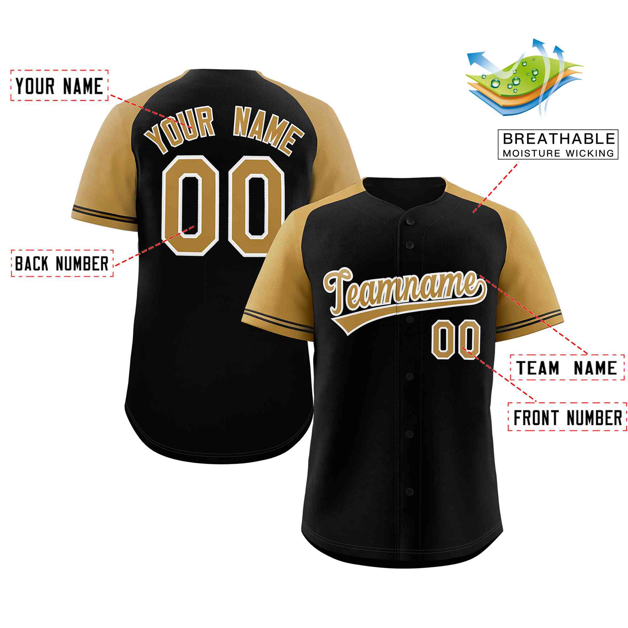 Custom Black Gold-White Raglan Sleeves Authentic Baseball Jersey - Image 2