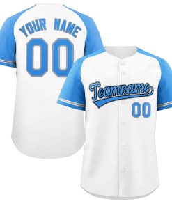 Custom White Light Blue-Black Raglan Sleeves Authentic Baseball Jersey