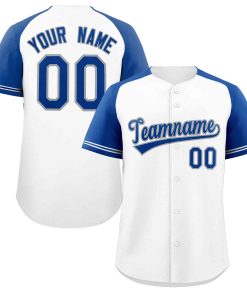 Custom White Royal-Gray Raglan Sleeves Authentic Baseball Jersey