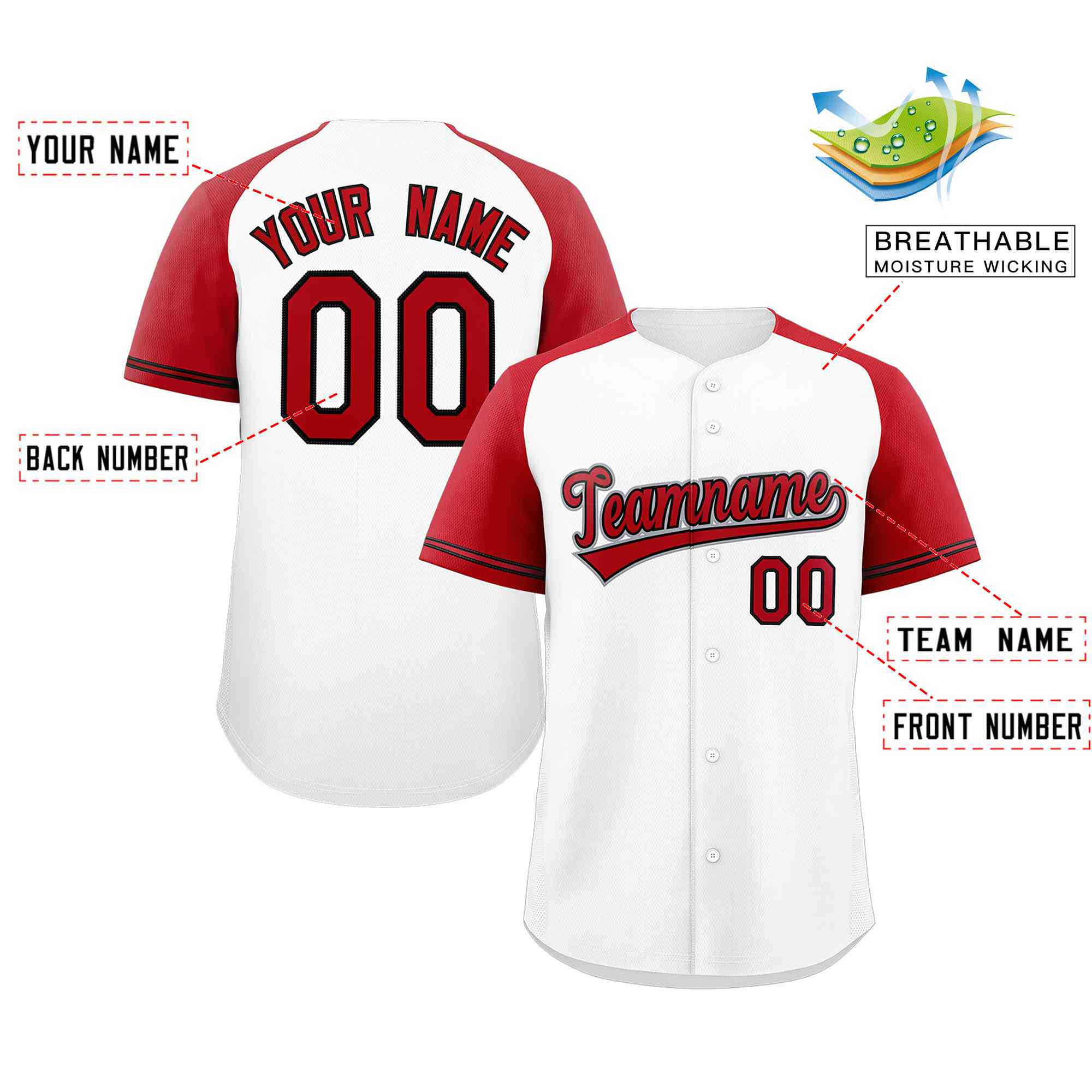 Custom White Red-Black Raglan Sleeves Authentic Baseball Jersey - Image 2