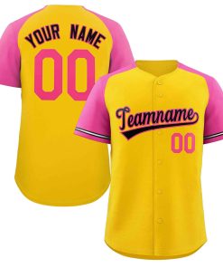 Custom Yellow Black-Pink Raglan Sleeves Authentic Baseball Jersey