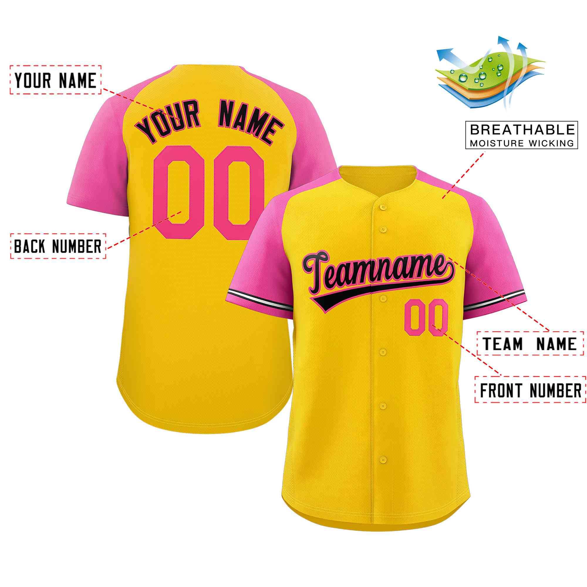Custom Yellow Black-Pink Raglan Sleeves Authentic Baseball Jersey - Image 2