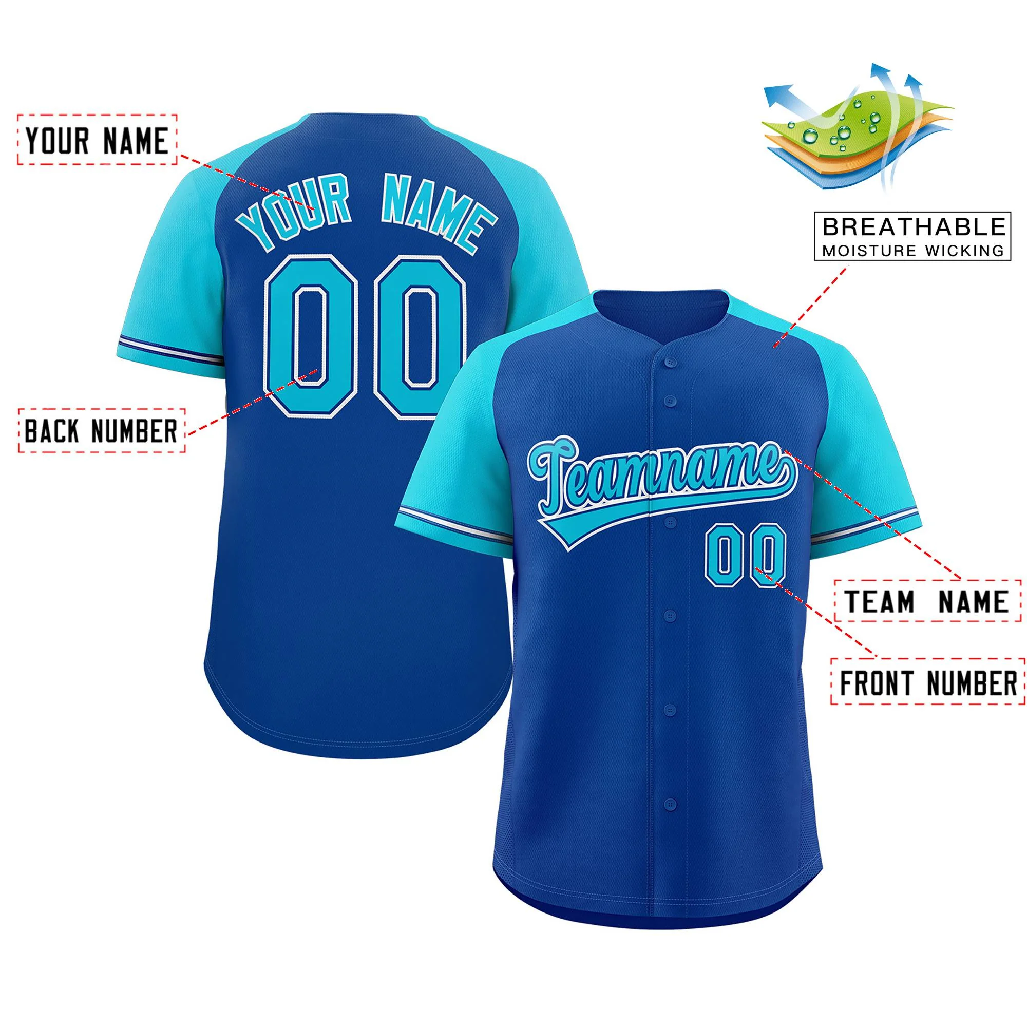 Custom Royal Power Blue Raglan Sleeves Authentic Baseball Jersey - Image 2