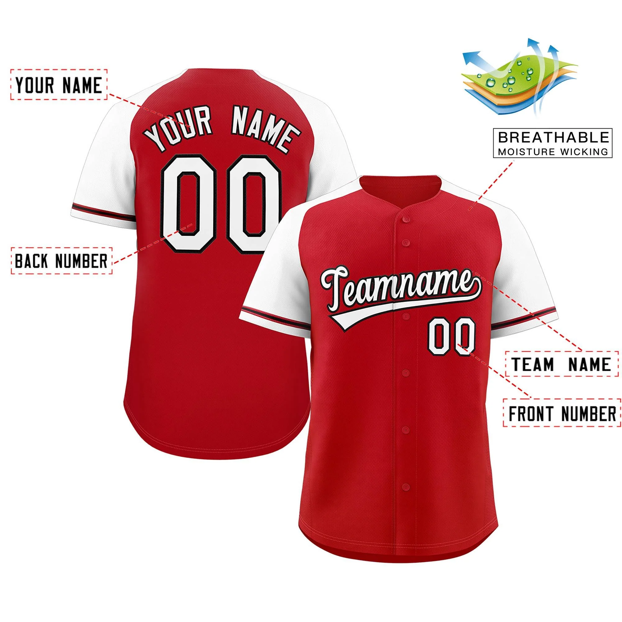 Custom Red White-Black Raglan Sleeves Authentic Baseball Jersey - Image 2