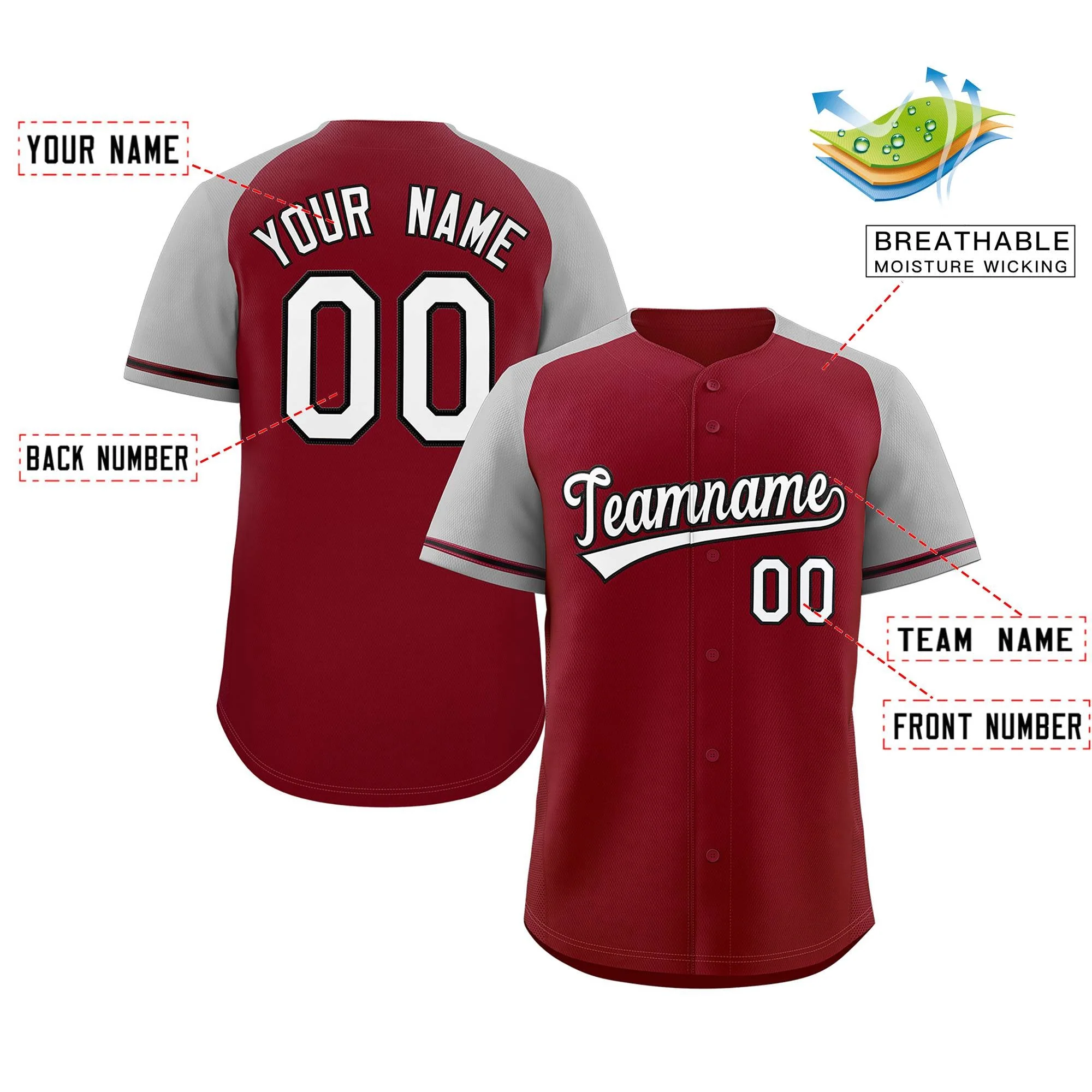 Custom Crimson White-Black Raglan Sleeves Authentic Baseball Jersey - Image 2