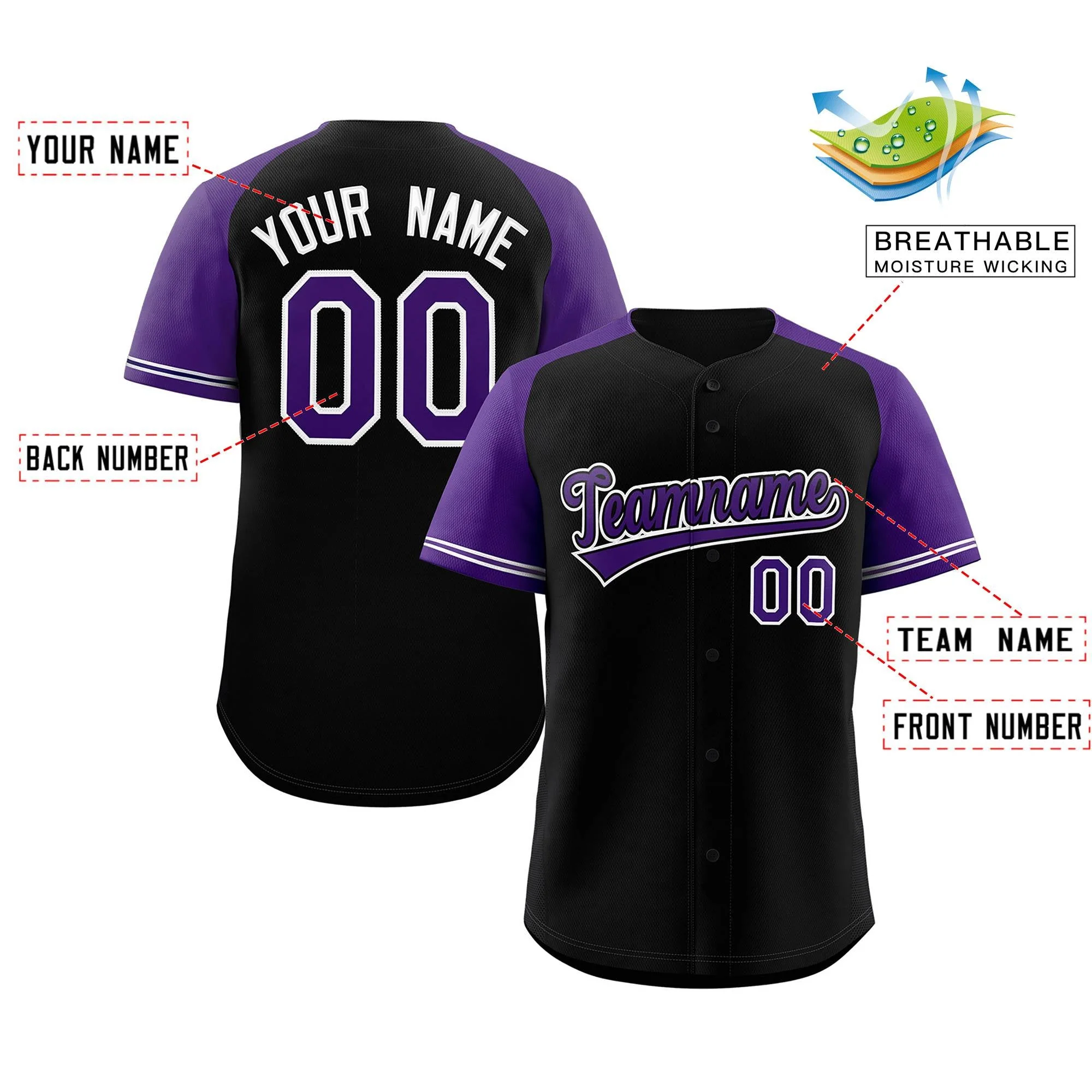 Custom Black Purple-White Raglan Sleeves Authentic Baseball Jersey - Image 2