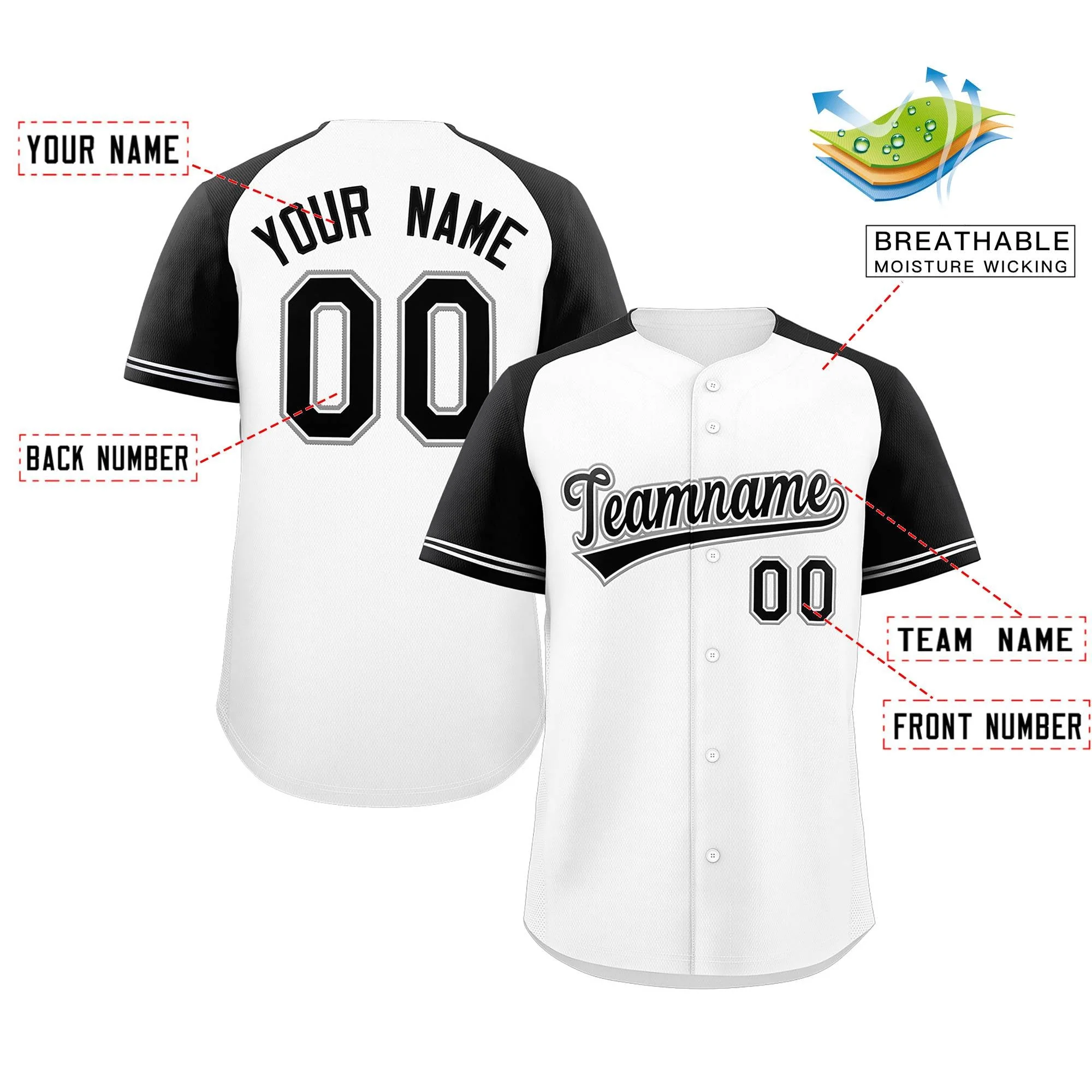Custom White Black-White Raglan Sleeves Authentic Baseball Jersey - Image 2