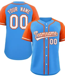 Custom Powder Blue White-Orange Raglan Sleeves Authentic Baseball Jersey