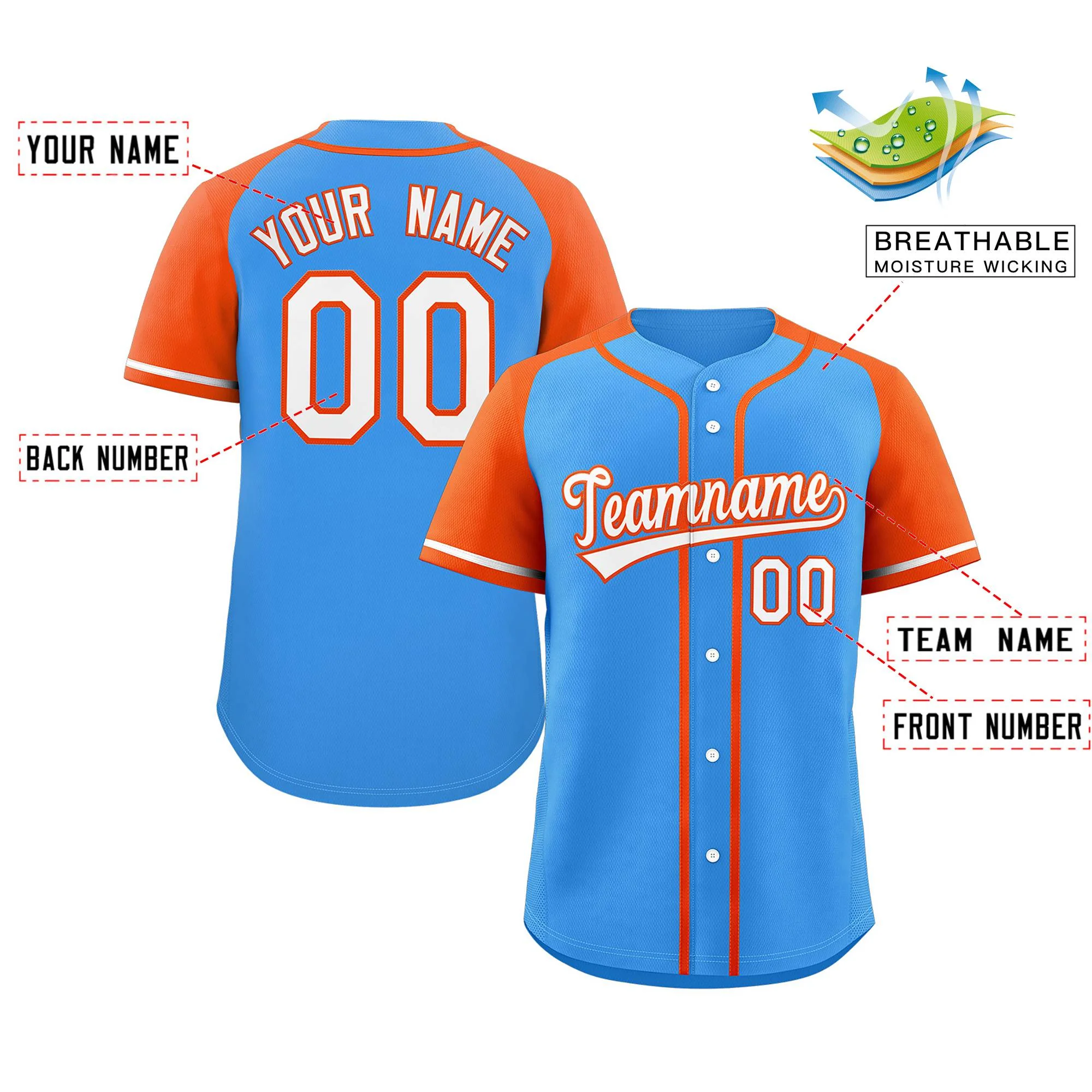 Custom Powder Blue White-Orange Raglan Sleeves Authentic Baseball Jersey - Image 2