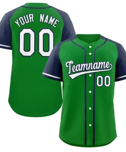 Custom Green White-Navy Raglan Sleeves Authentic Baseball Jersey