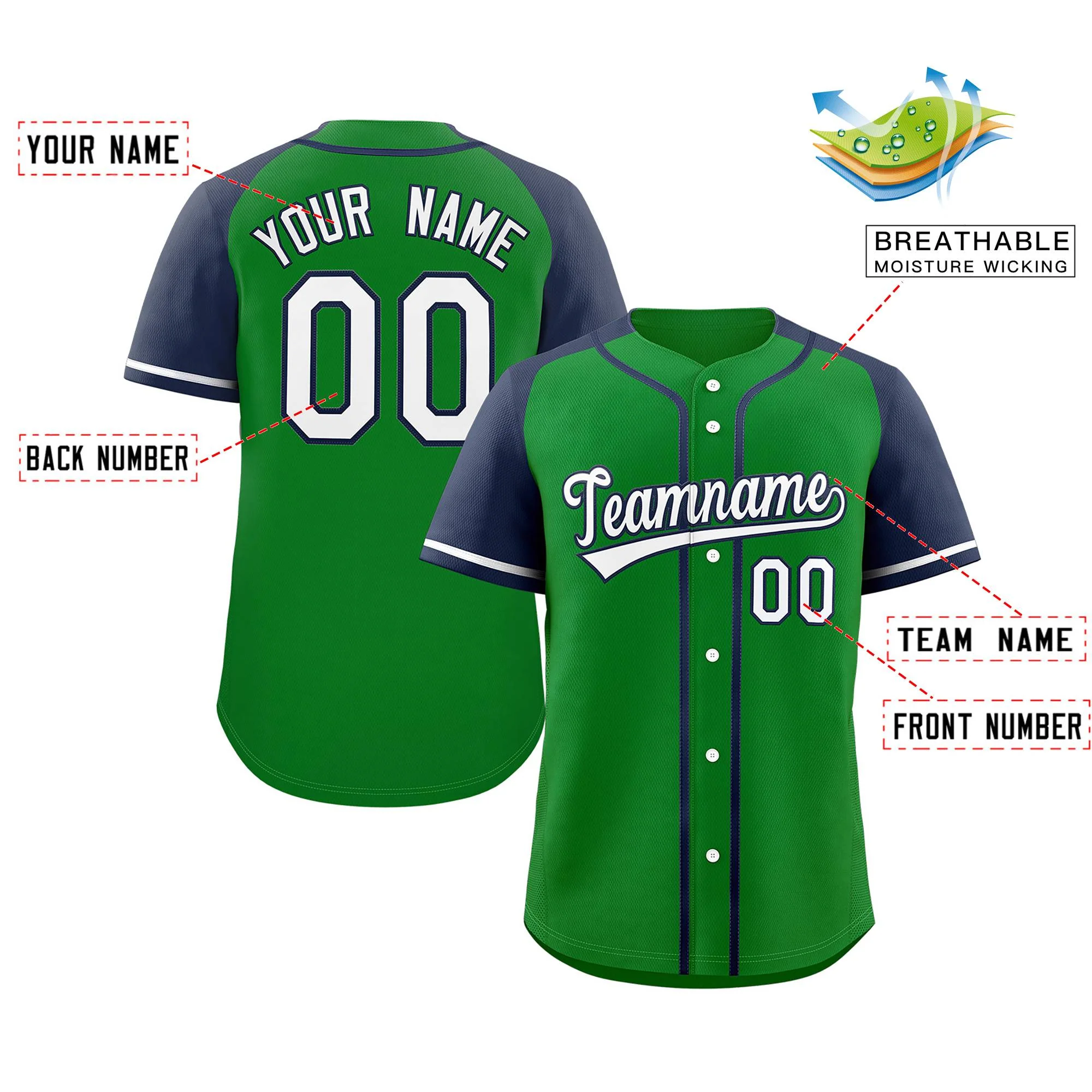 Custom Green White-Navy Raglan Sleeves Authentic Baseball Jersey - Image 2
