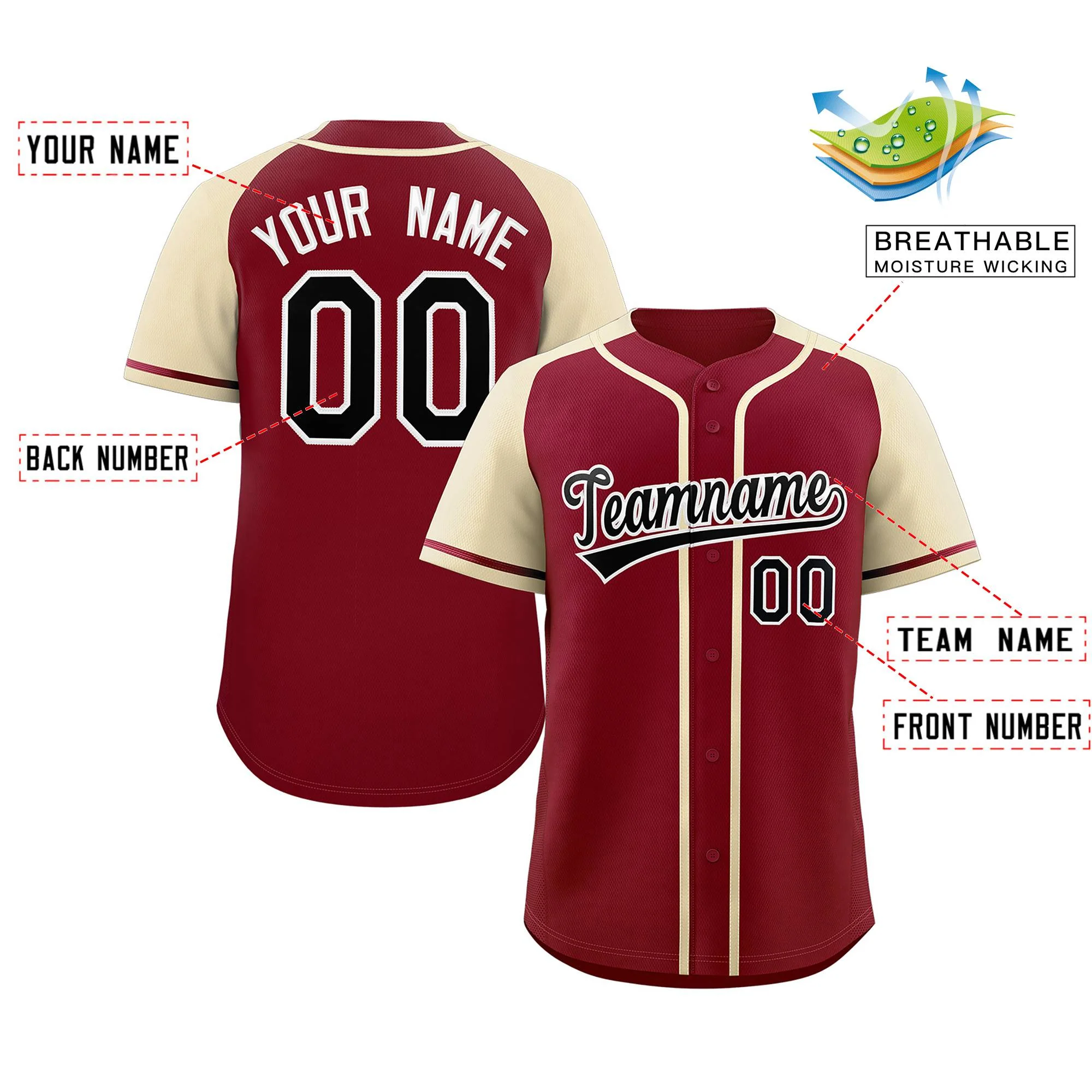Custom Crimson Black-White Raglan Sleeves Authentic Baseball Jersey - Image 2
