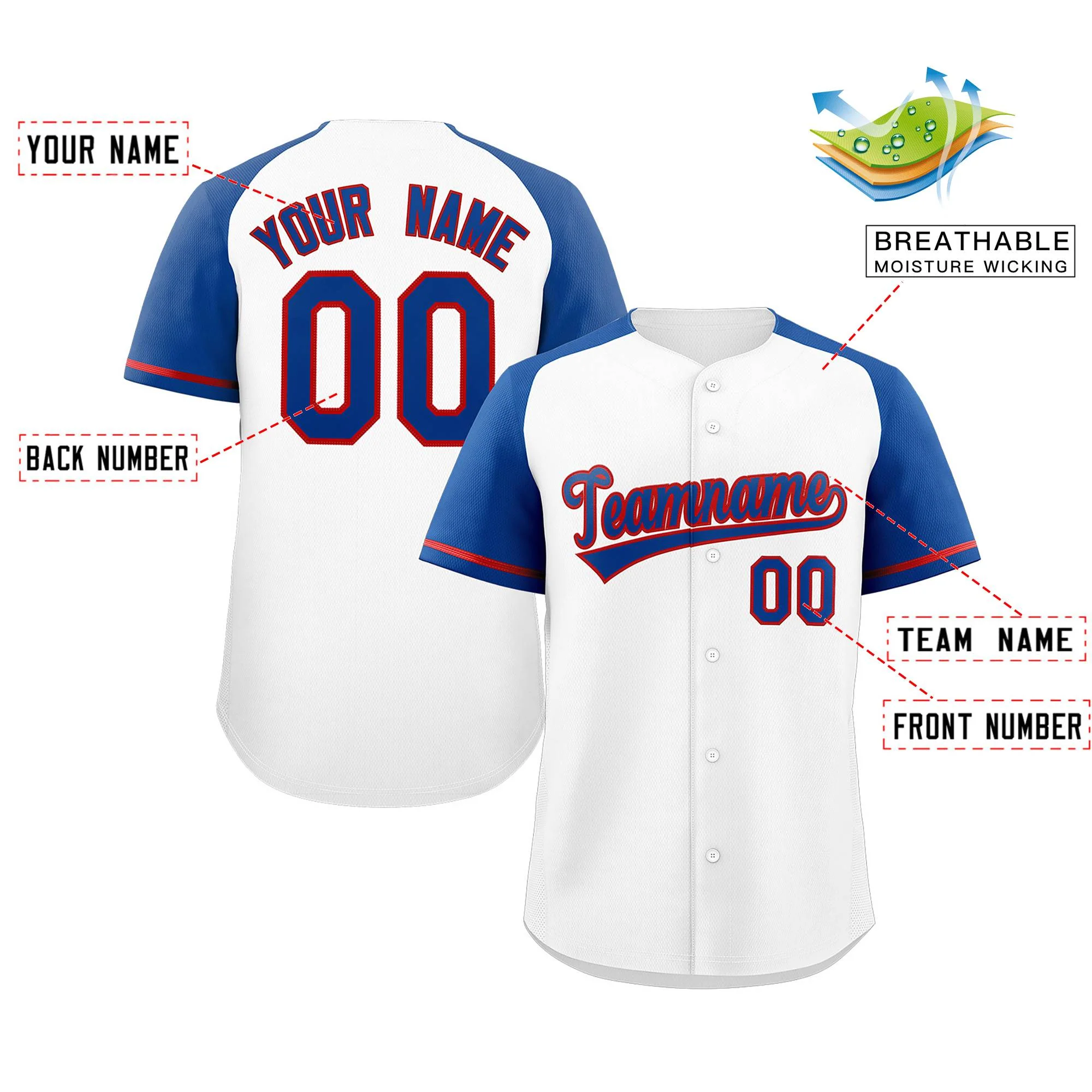 Custom White Royal-Red Raglan Sleeves Authentic Baseball Jersey - Image 2