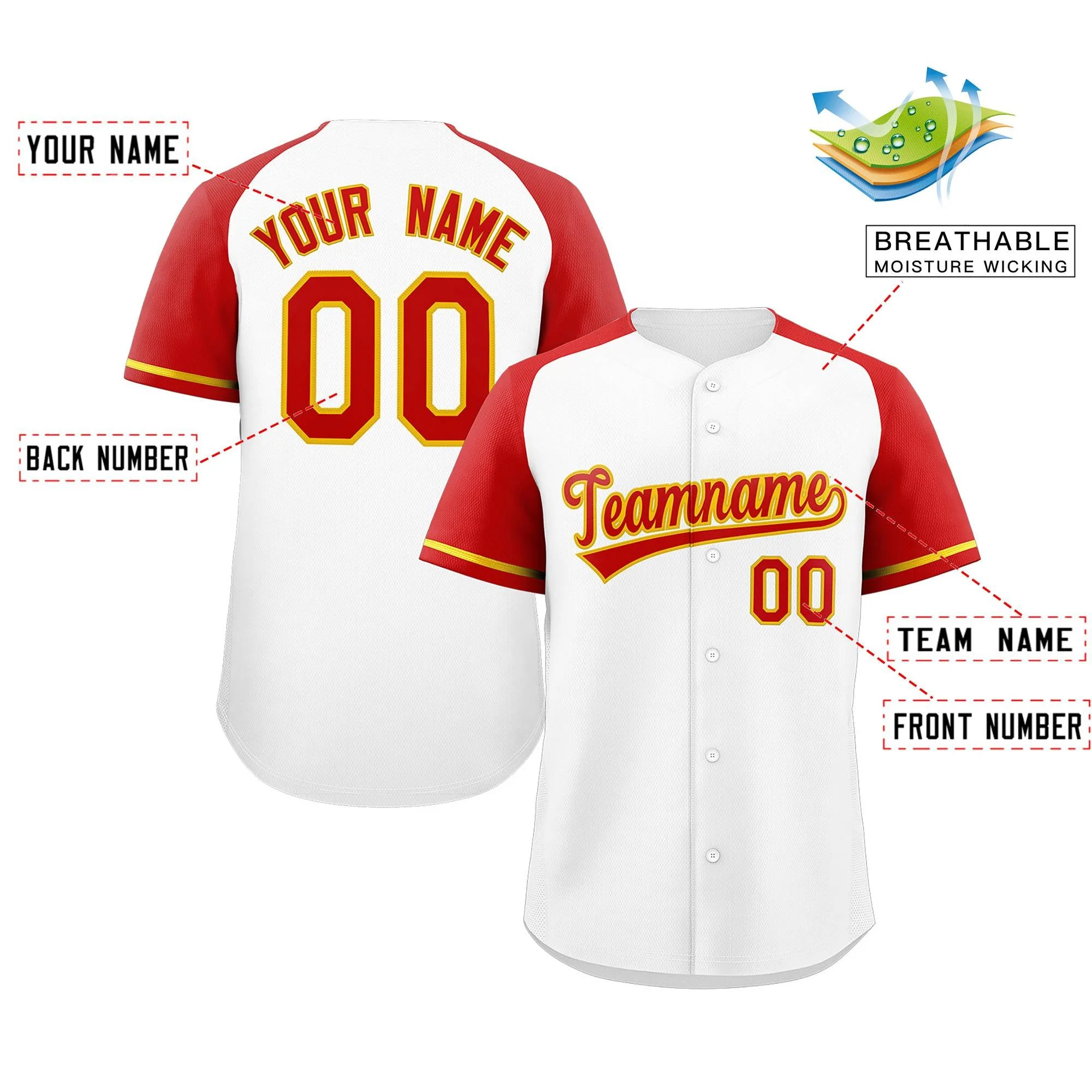 Custom White Red-Yellow Raglan Sleeves Authentic Baseball Jersey - Image 2