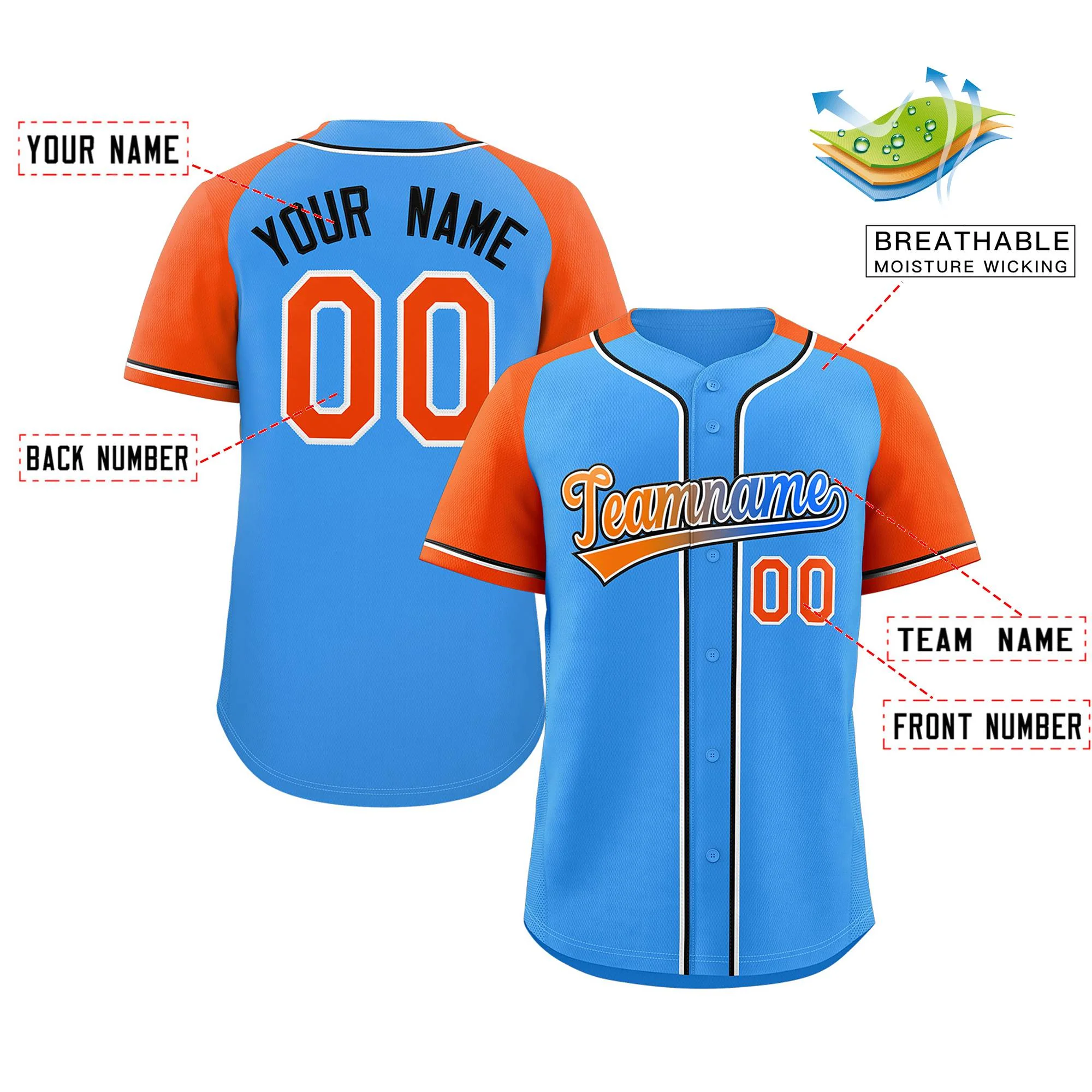 Custom Powder Blue Raglan Sleeves Authentic Baseball Jersey - Image 2