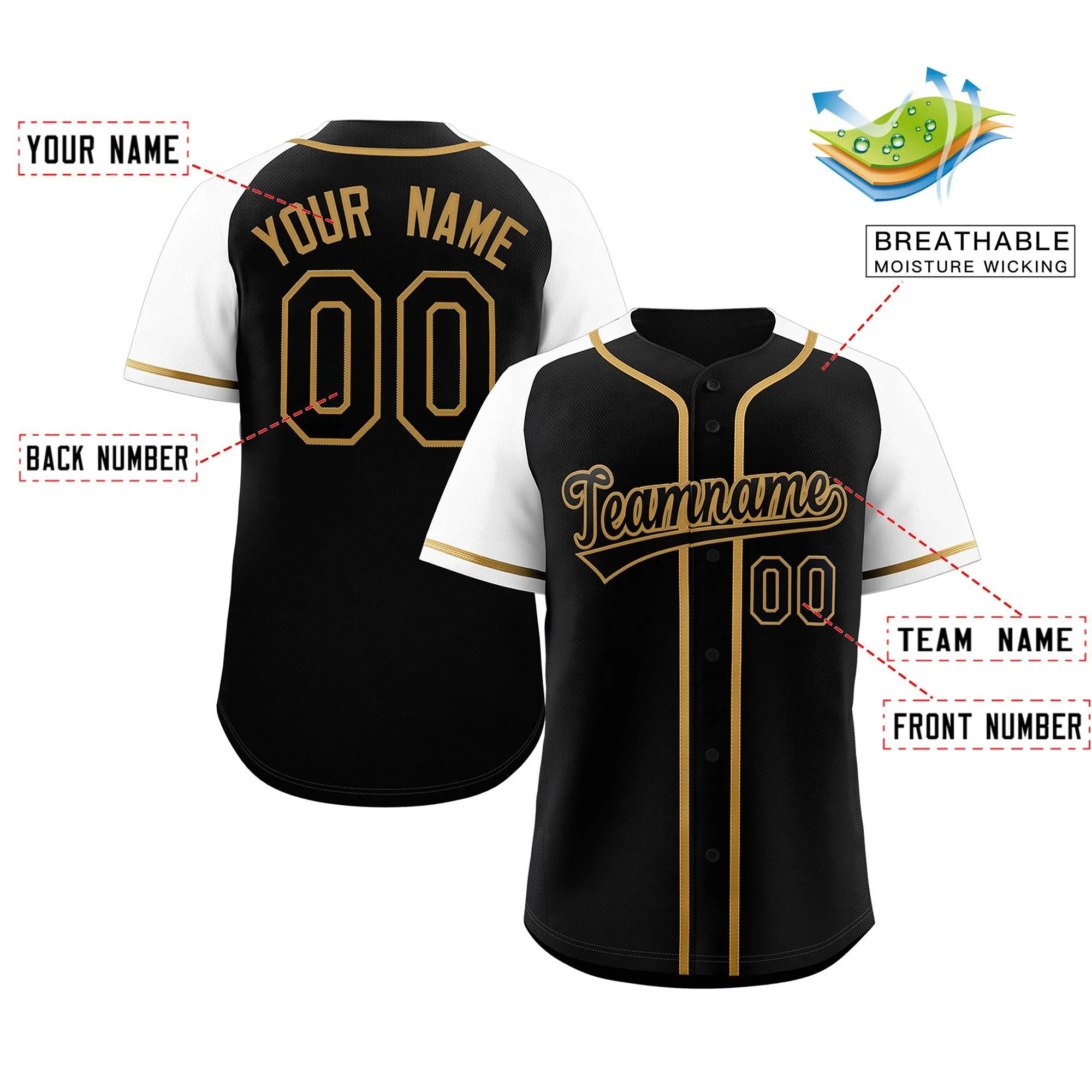 Custom Black Gold Raglan Sleeves Authentic Baseball Jersey - Image 2