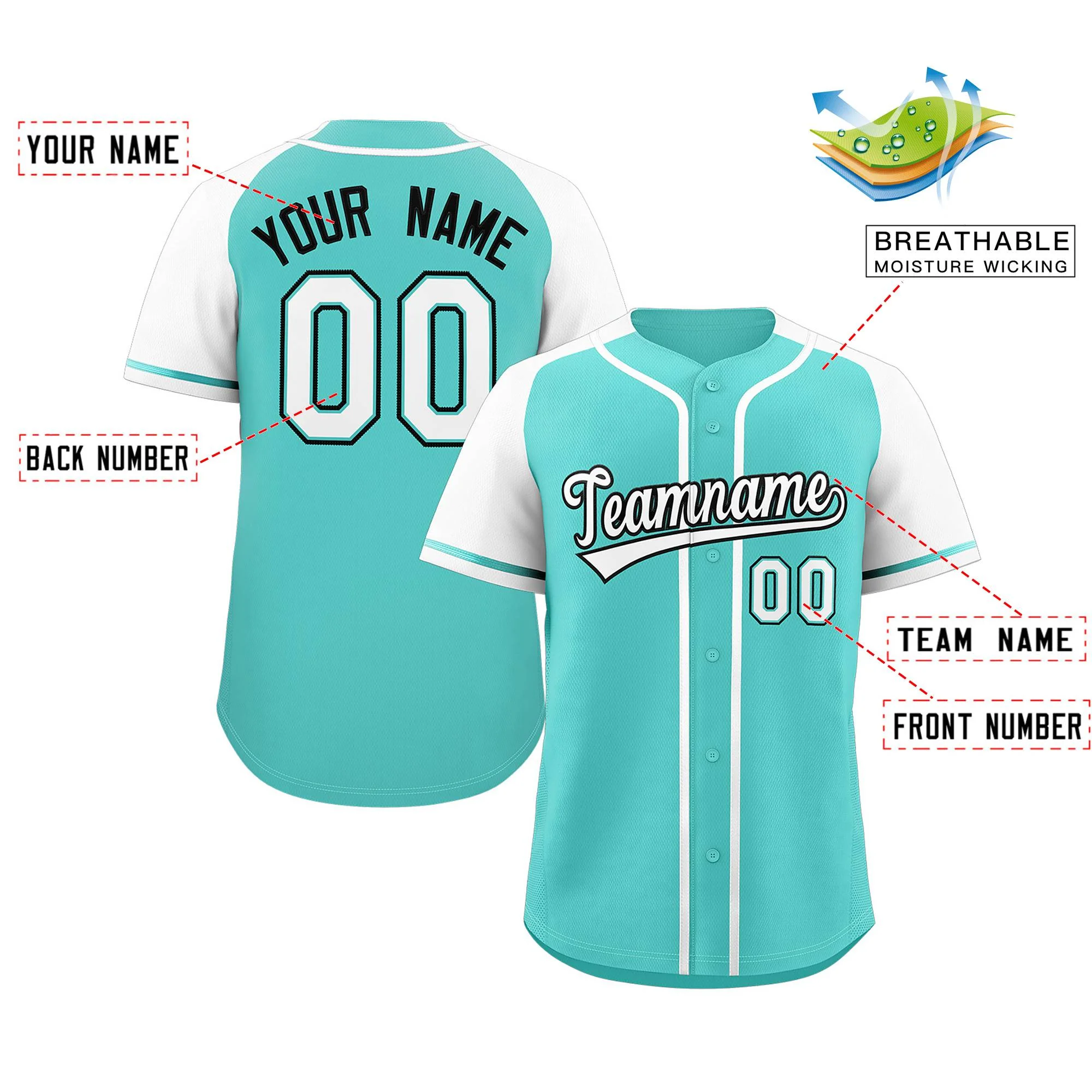 Custom Aqua Raglan Sleeves Authentic Baseball Jersey - Image 2