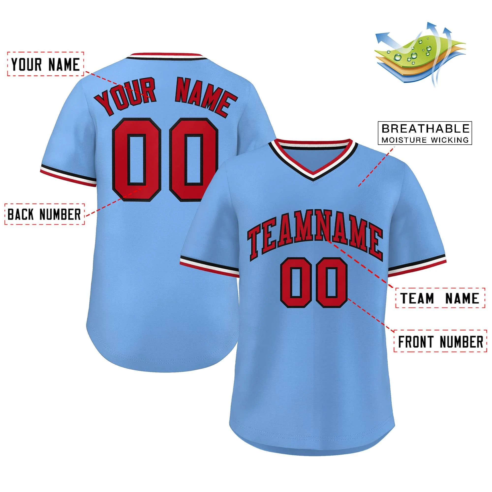Custom Light Blue Red-White Classic Style Authentic Pullover Baseball Jersey - Image 2