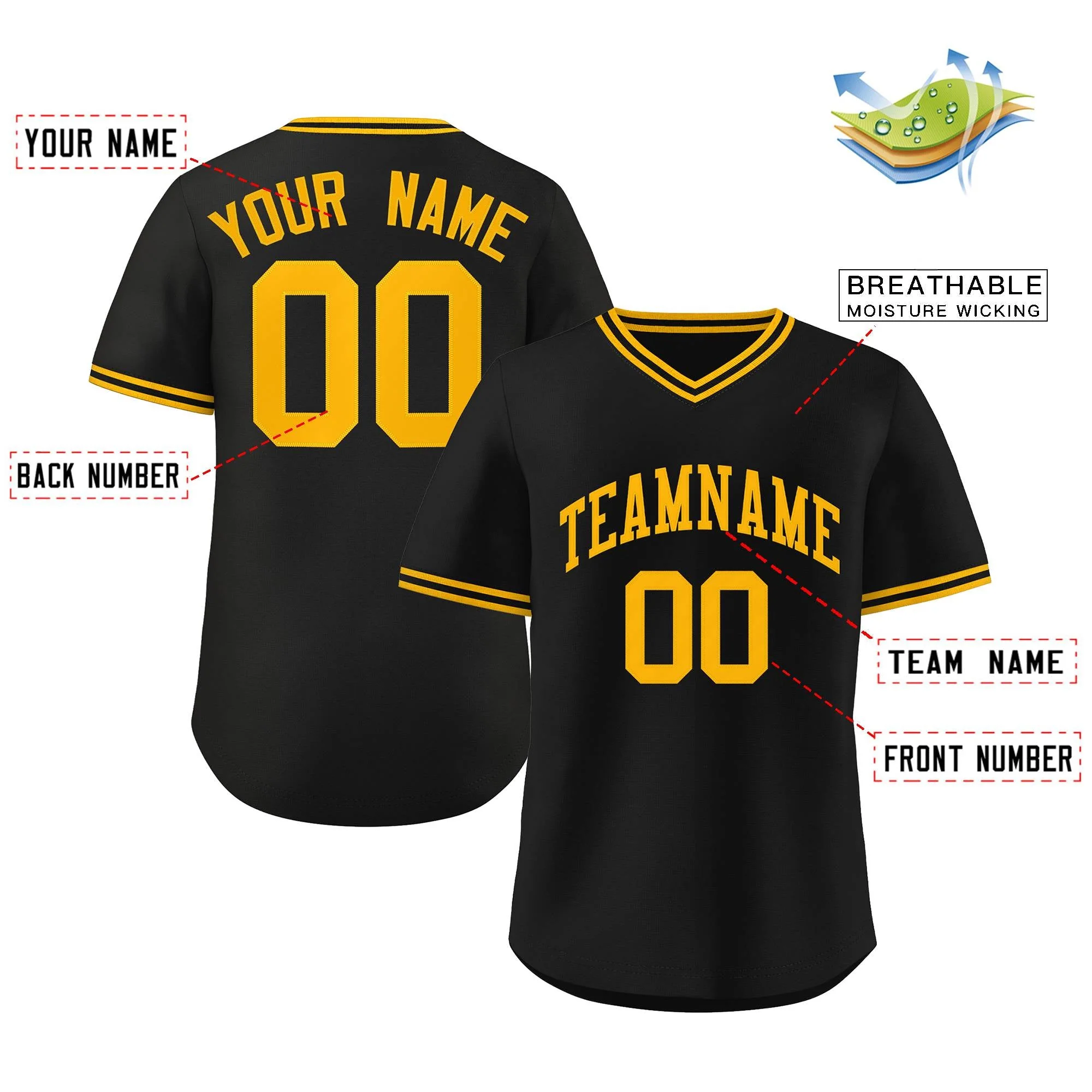 Custom Black Yellow Classic Style Authentic Pullover Baseball Jersey - Image 2
