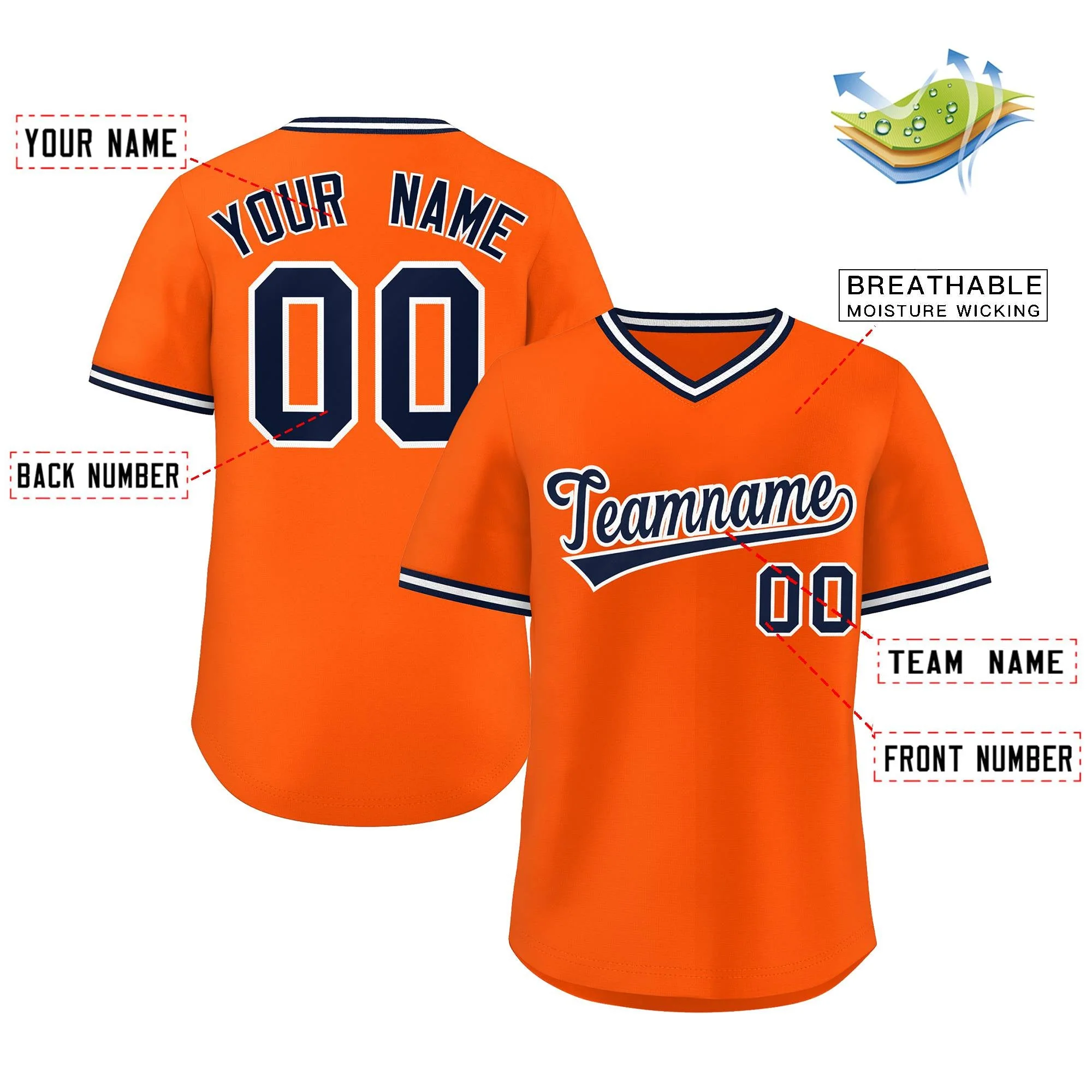 Custom Orange Navy Classic Style Outdoor Authentic Pullover Baseball Jersey - Image 2