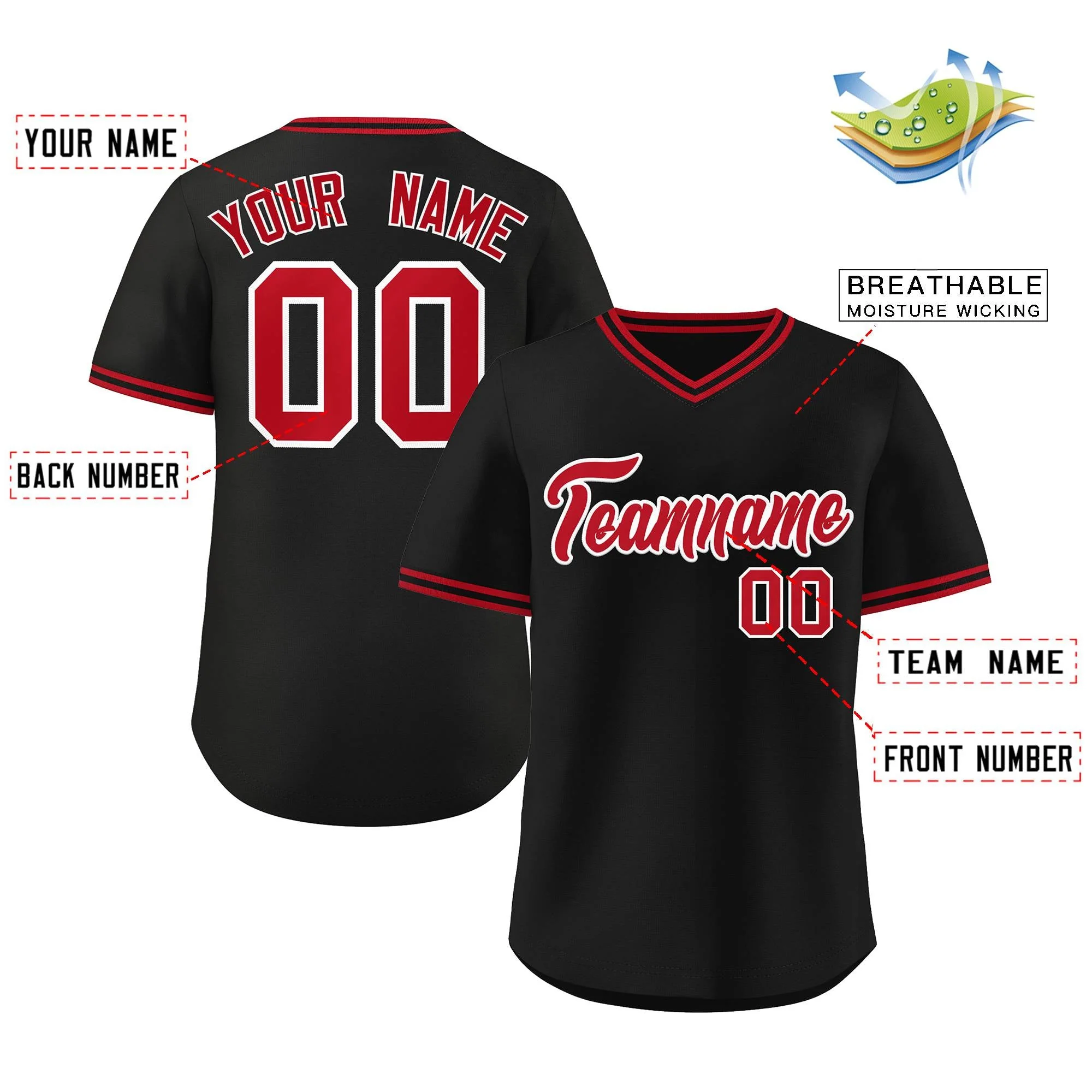 Custom Black Red-Black Classic Style V-Neck Authentic Pullover Baseball Jersey - Image 2