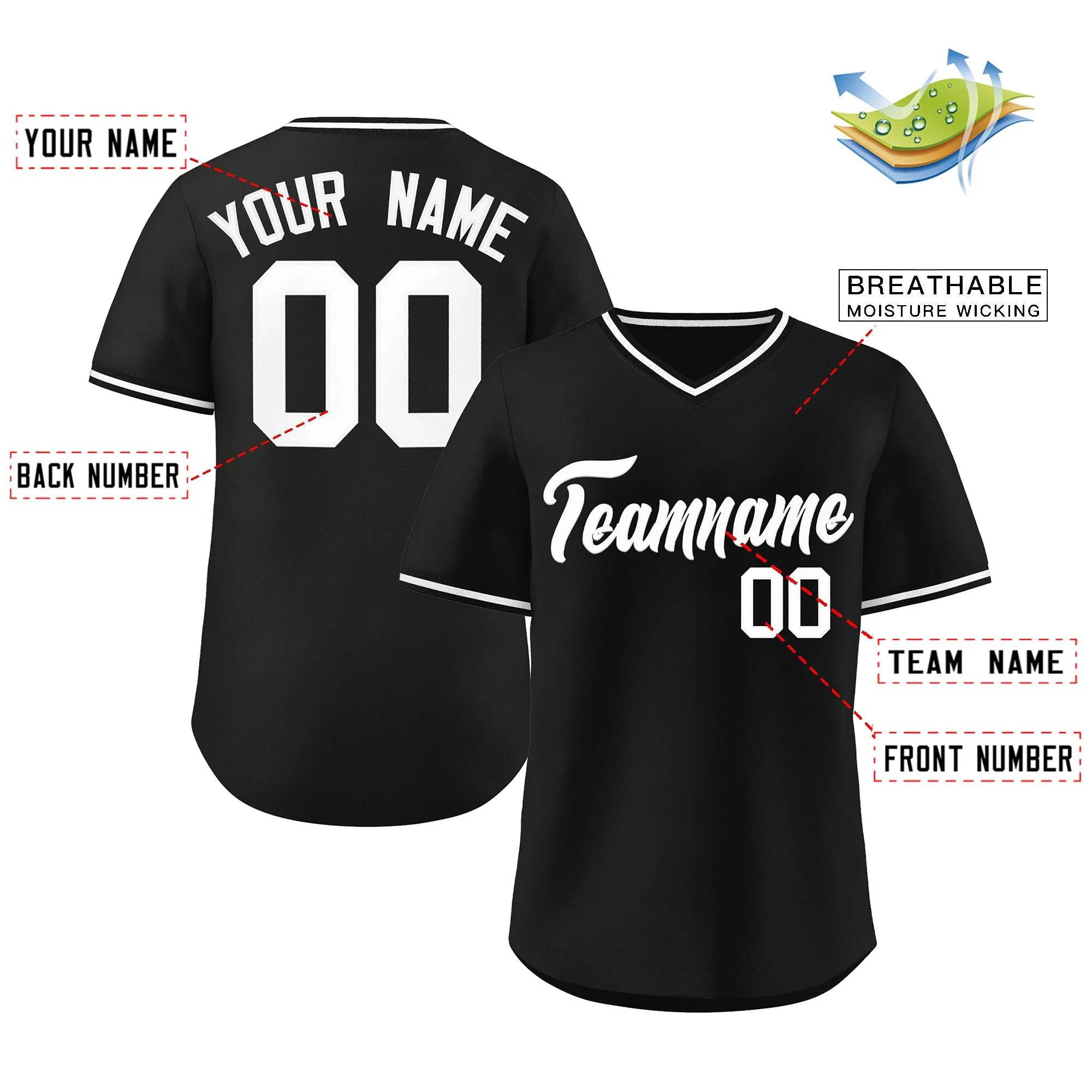 Custom Black White Classic Style V-Neck Authentic Pullover Baseball Jersey - Image 2