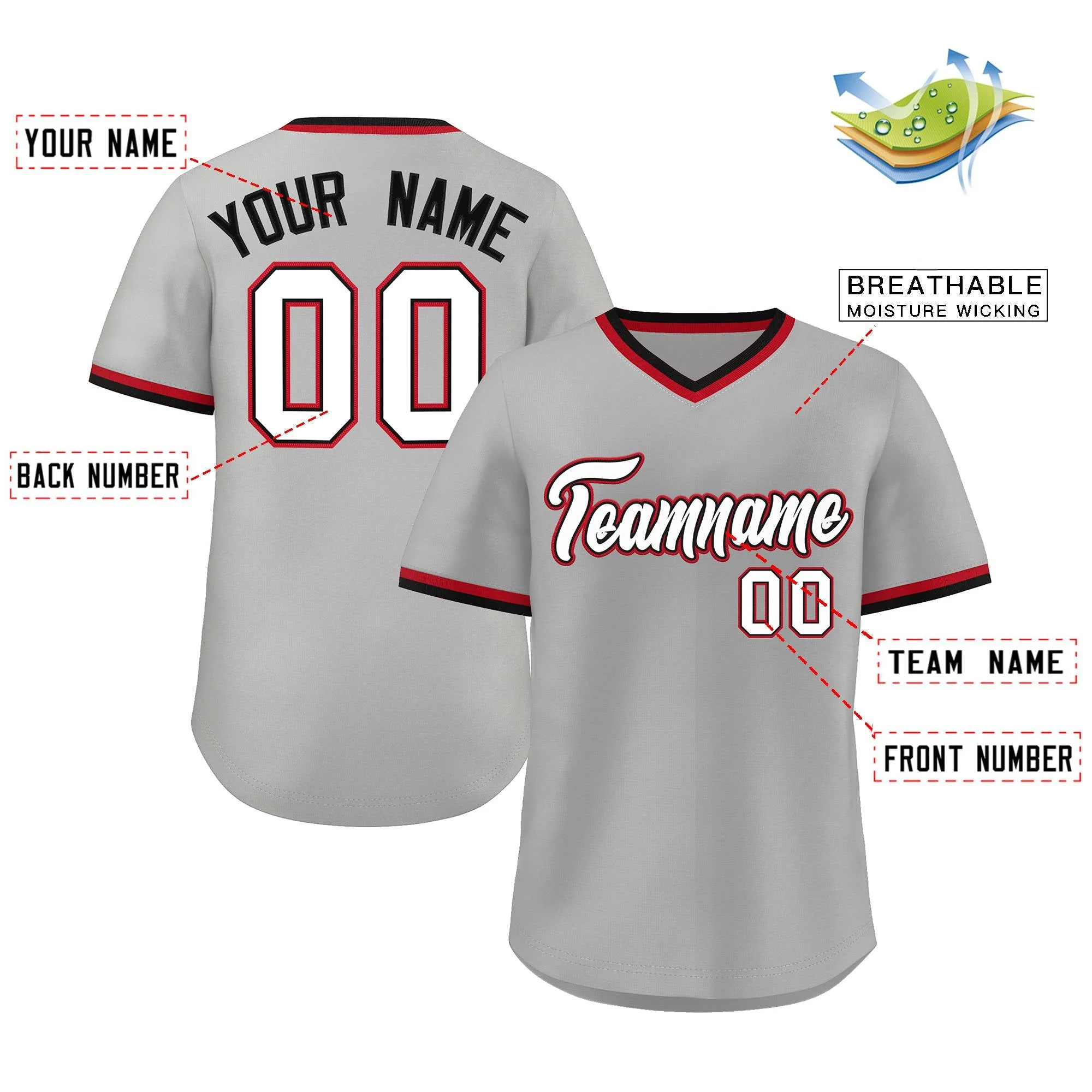 Custom Gray White-Black Classic Style V-Neck Authentic Pullover Baseball Jersey - Image 2