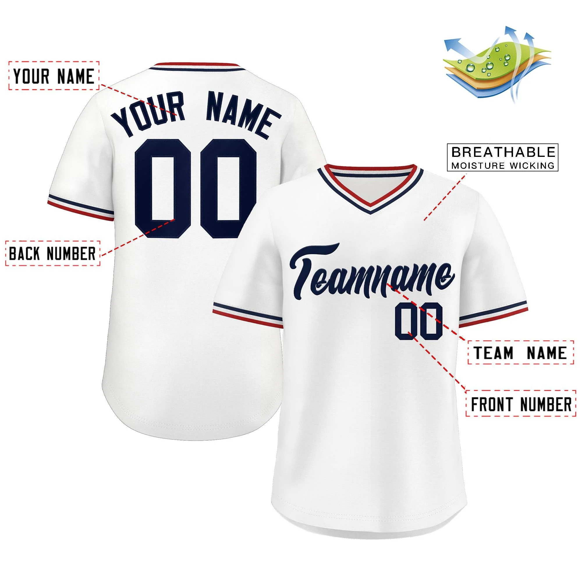 Custom White Classic Style V-Neck Authentic Pullover Baseball Jersey - Image 2