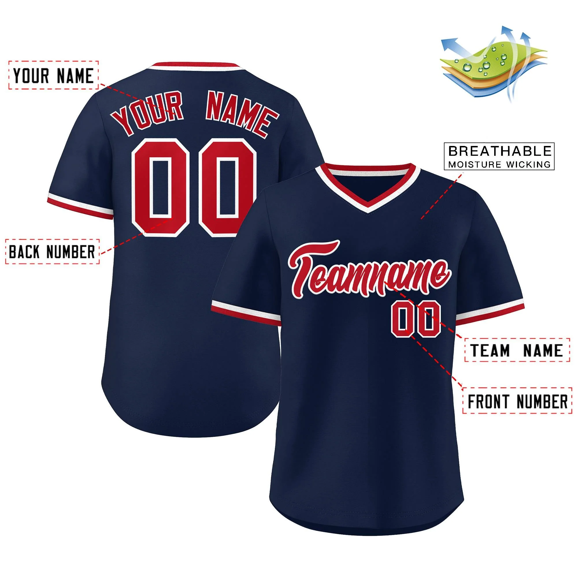Custom Navy Classic Style V-Neck Authentic Pullover Baseball Jersey - Image 2