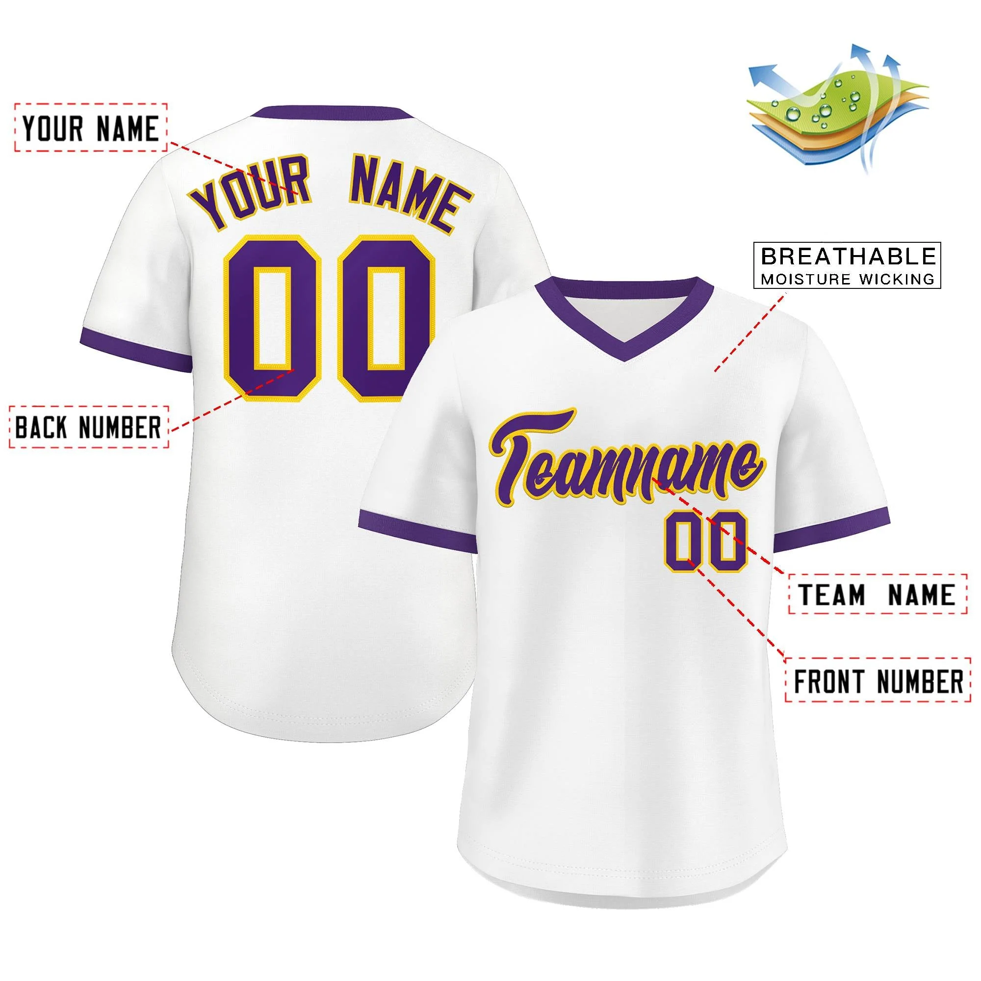 Custom White Purple Classic Style V-Neck Authentic Pullover Baseball Jersey - Image 2