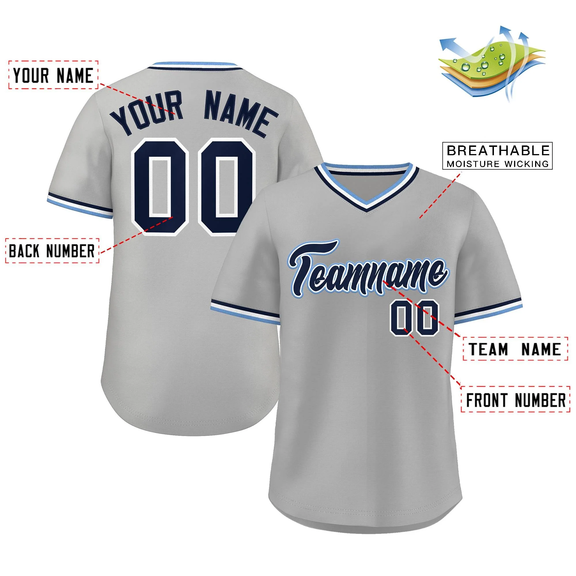 Custom Gray Royal Classic Style V-Neck Authentic Pullover Baseball Jersey - Image 2