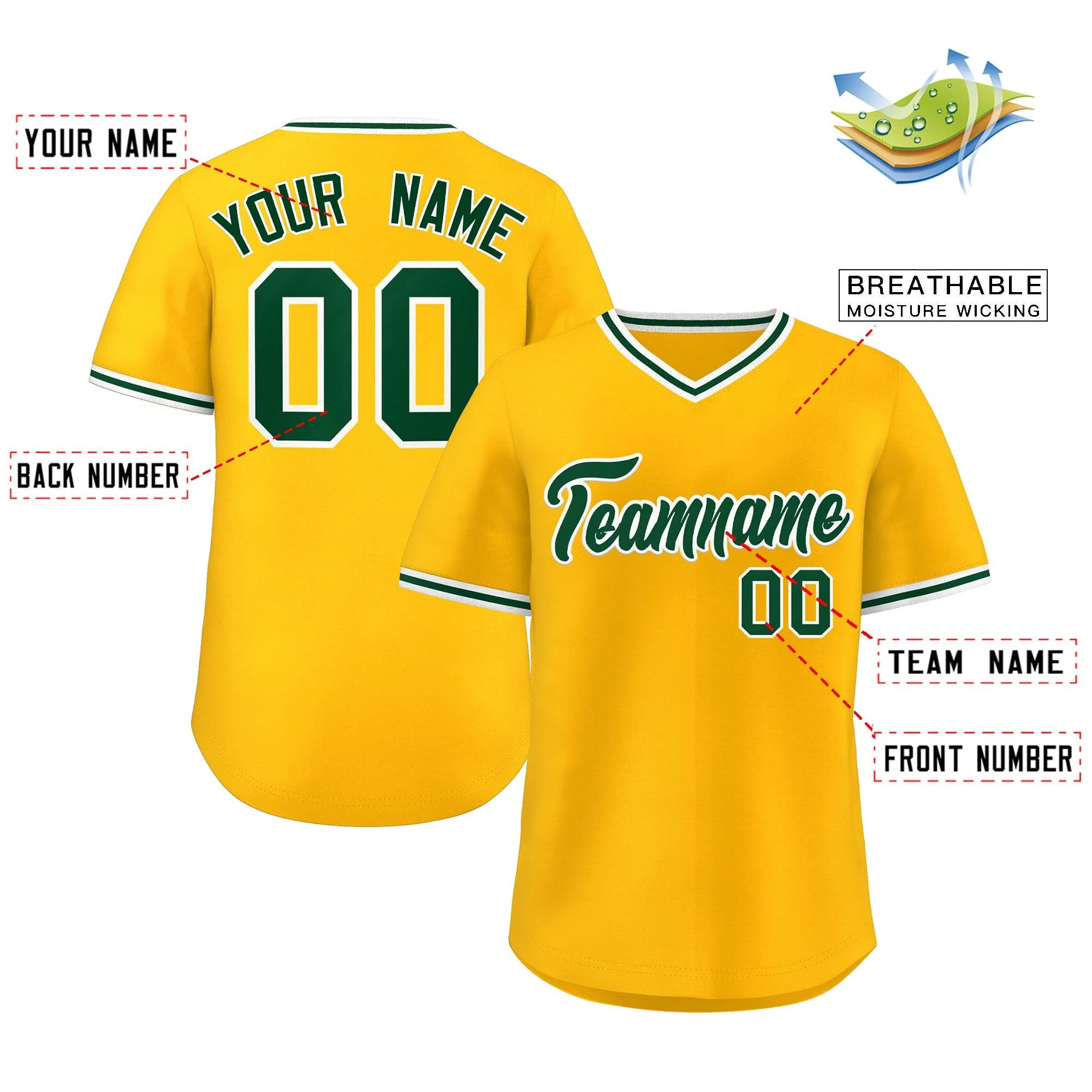 Custom Yellow Green Classic Style V-Neck Authentic Pullover Baseball Jersey - Image 2
