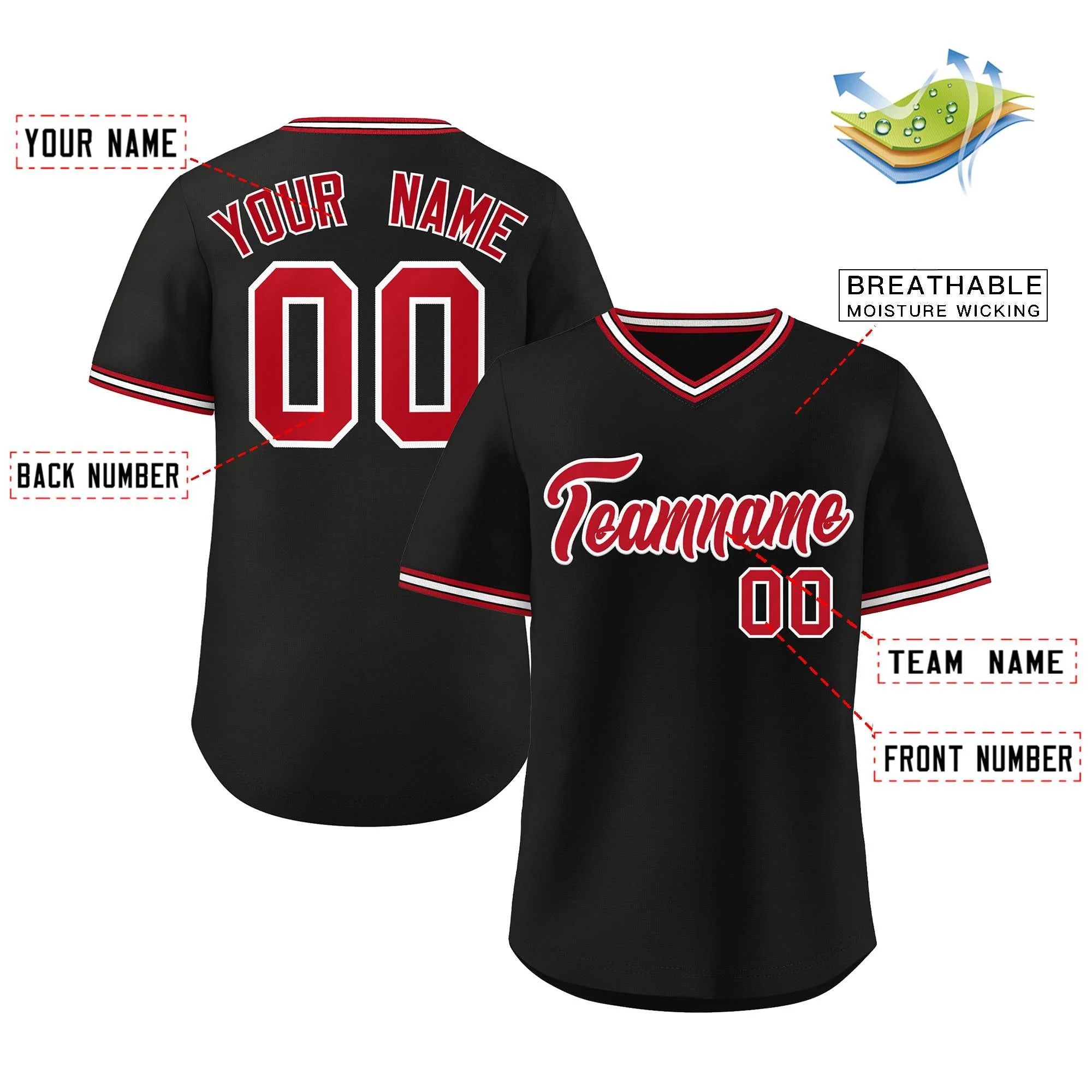 Custom Black Red-White Classic Style V-Neck Authentic Pullover Baseball Jersey - Image 2