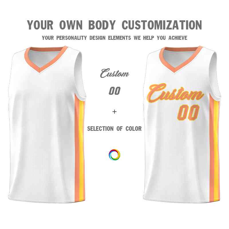 Custom White Orange-Gold Classic Tops Mesh Sport Basketball Jersey - Image 3