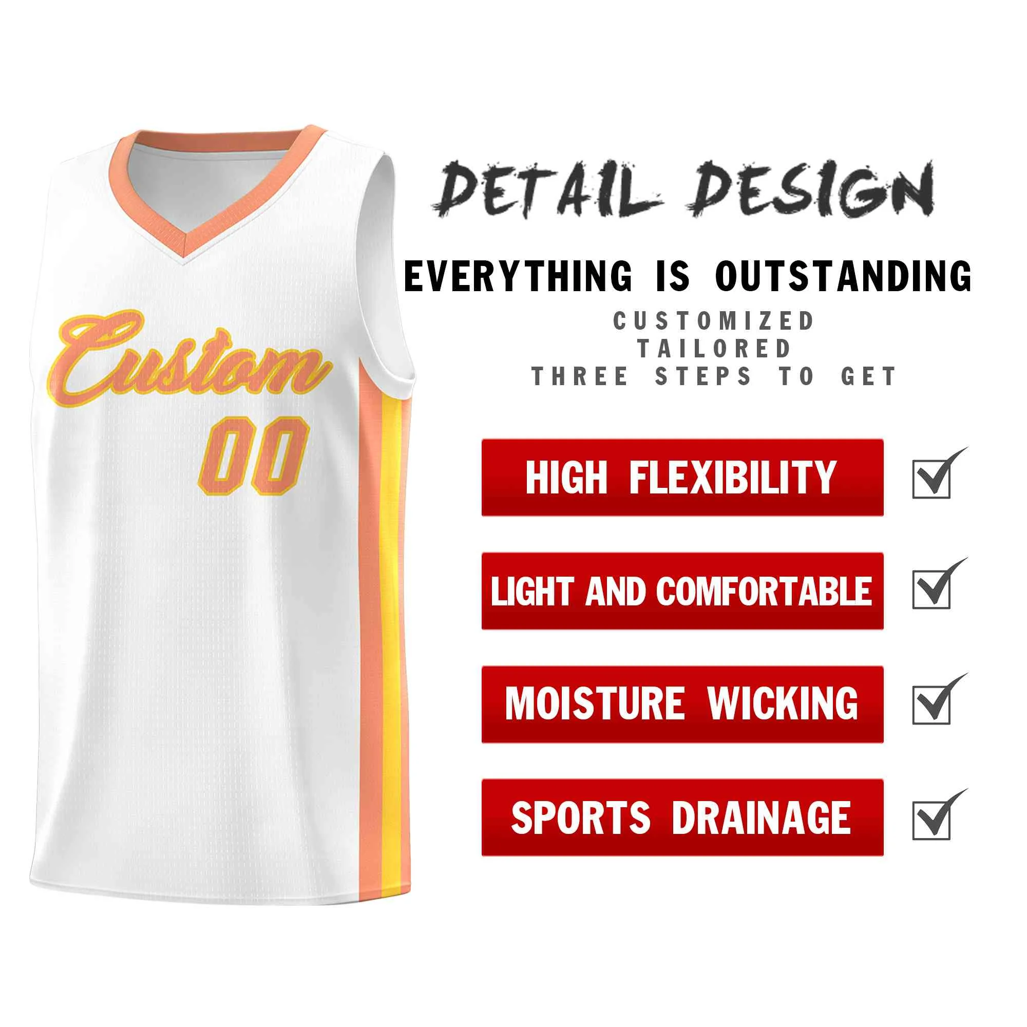 Custom White Orange-Gold Classic Tops Mesh Sport Basketball Jersey - Image 4