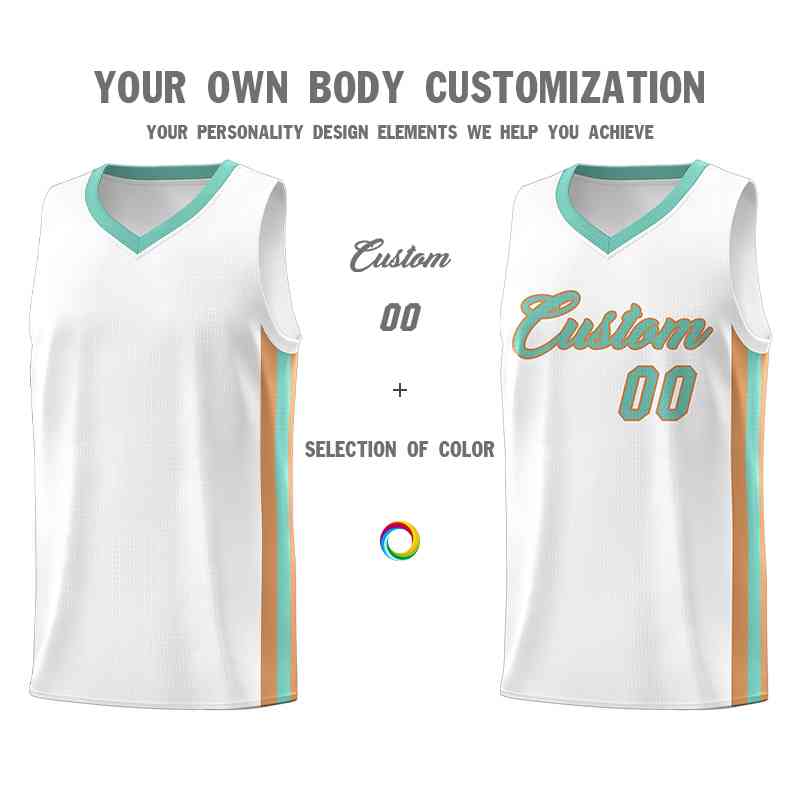Custom White Aqua-Old Gold Classic Tops Mesh Sport Basketball Jersey - Image 3
