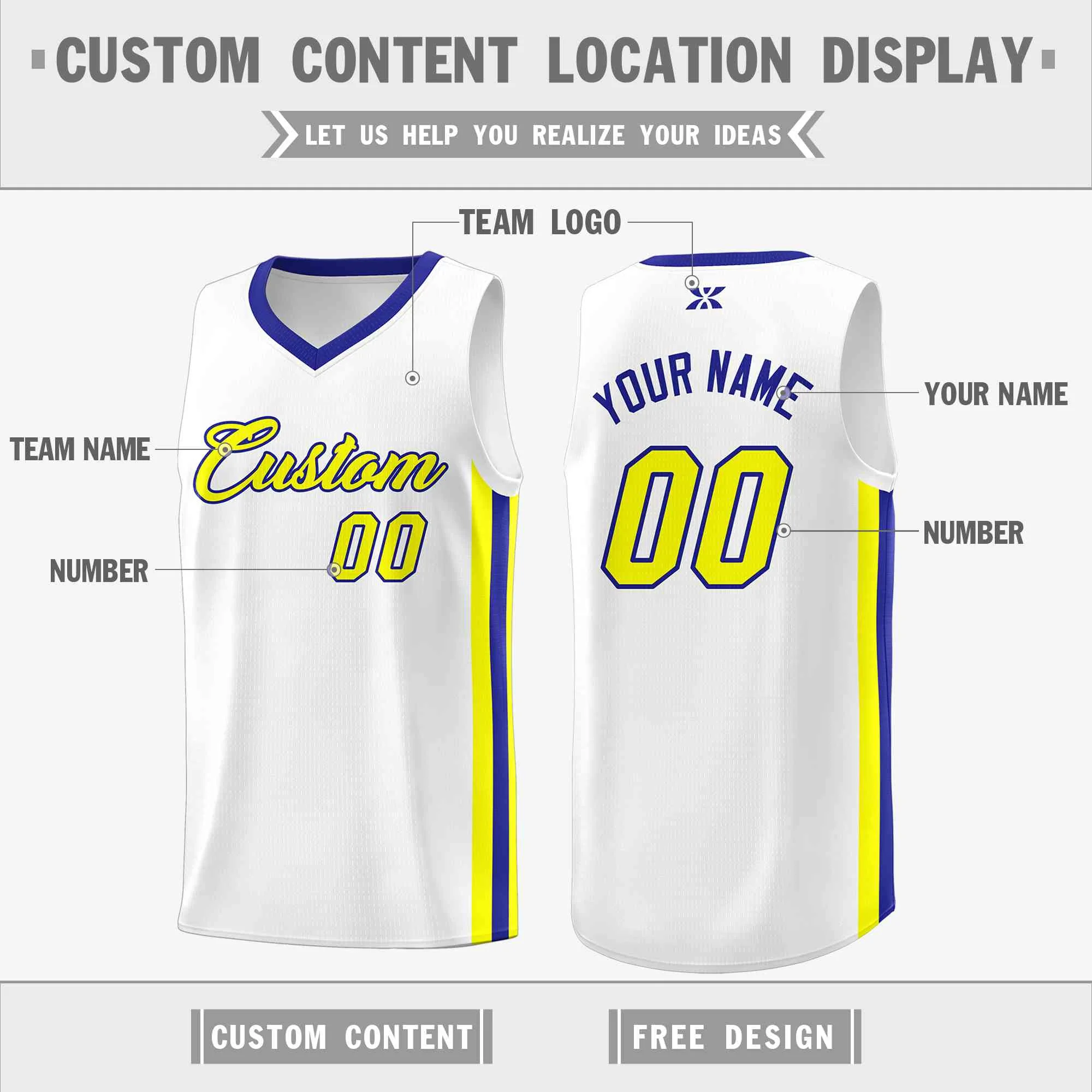 Custom White Yellow-Royal Classic Tops Mesh Sport Basketball Jersey - Image 2