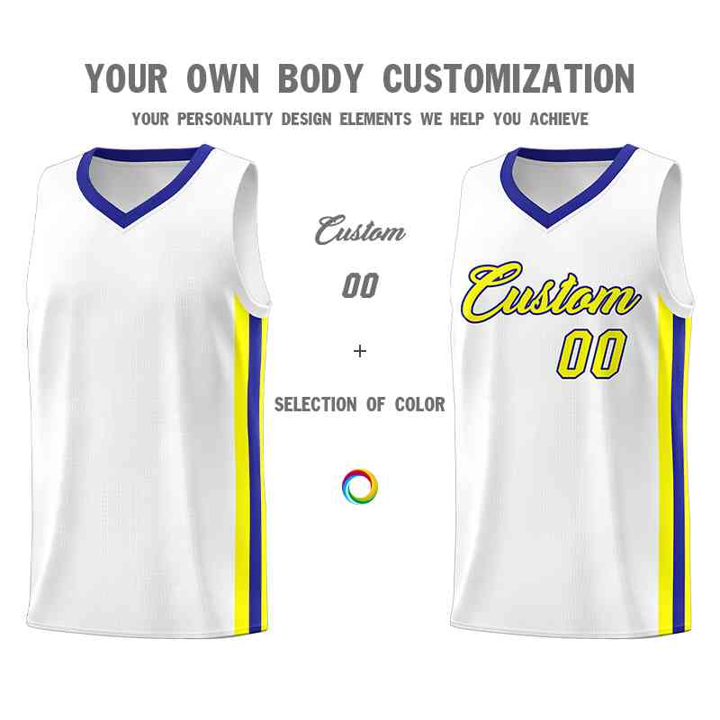 Custom White Yellow-Royal Classic Tops Mesh Sport Basketball Jersey - Image 3