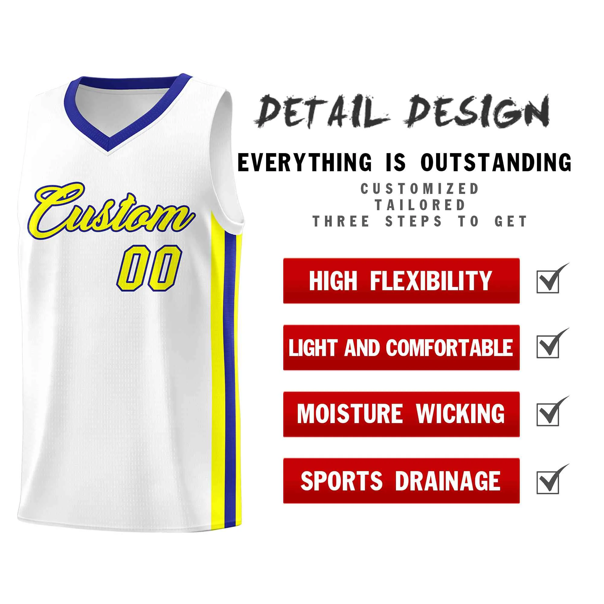 Custom White Yellow-Royal Classic Tops Mesh Sport Basketball Jersey - Image 4