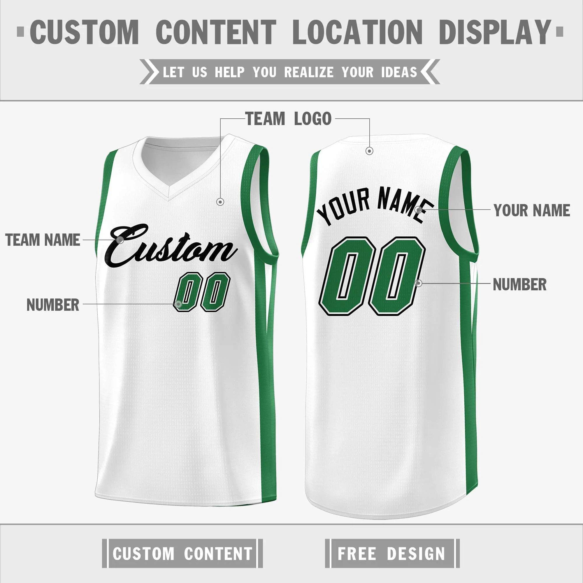Custom White Green Classic Tops Basketball Jersey - Image 2