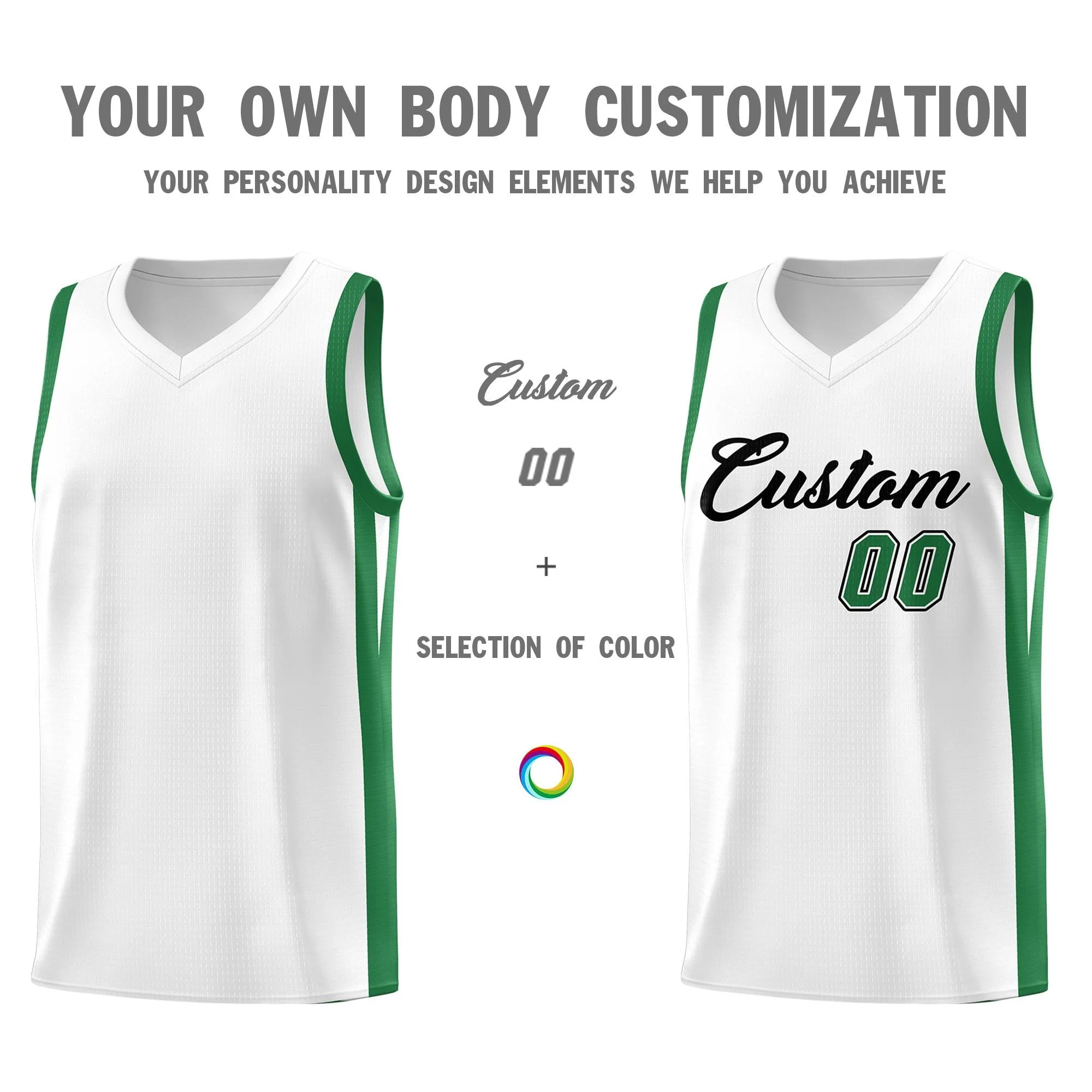 Custom White Green Classic Tops Basketball Jersey - Image 3