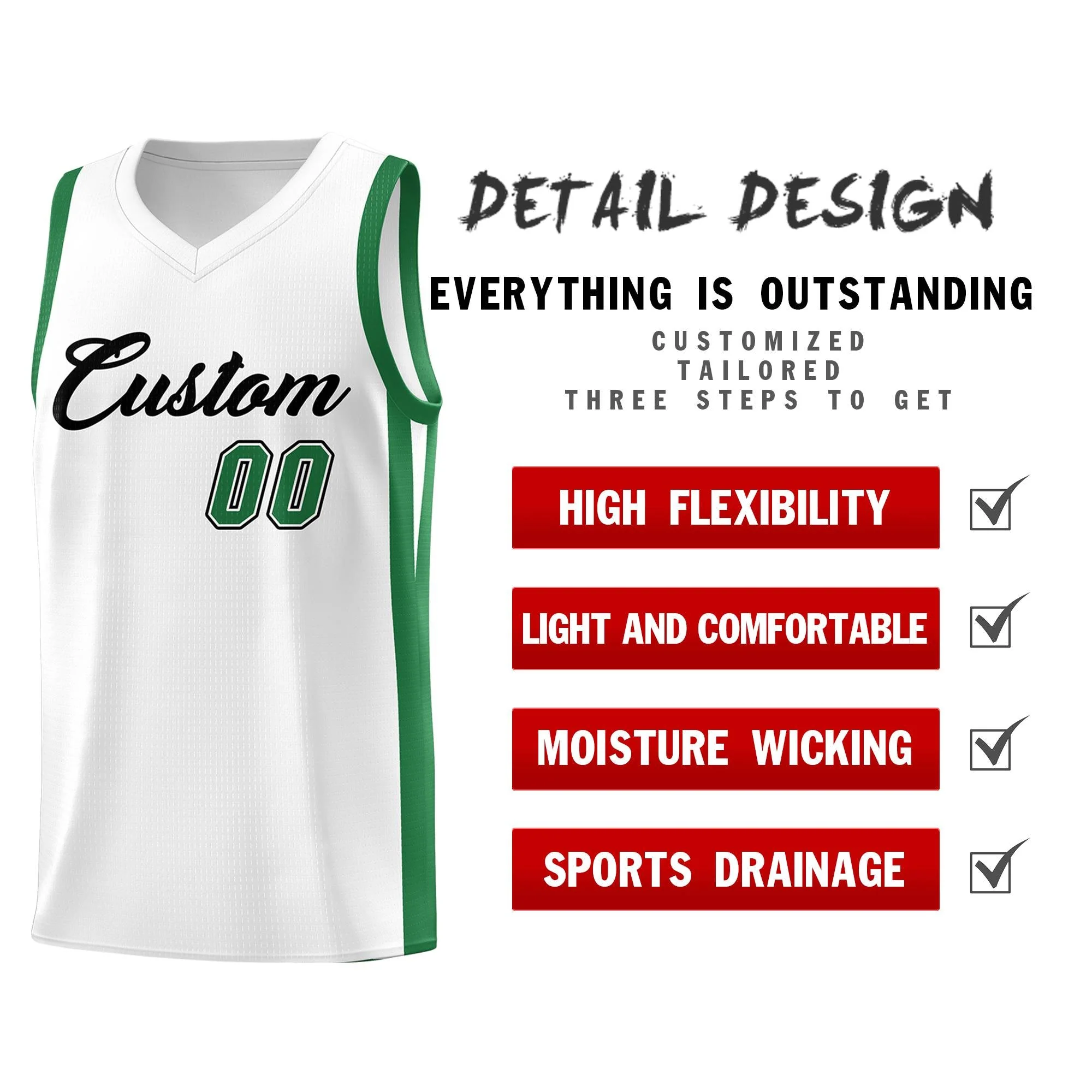 Custom White Green Classic Tops Basketball Jersey - Image 4