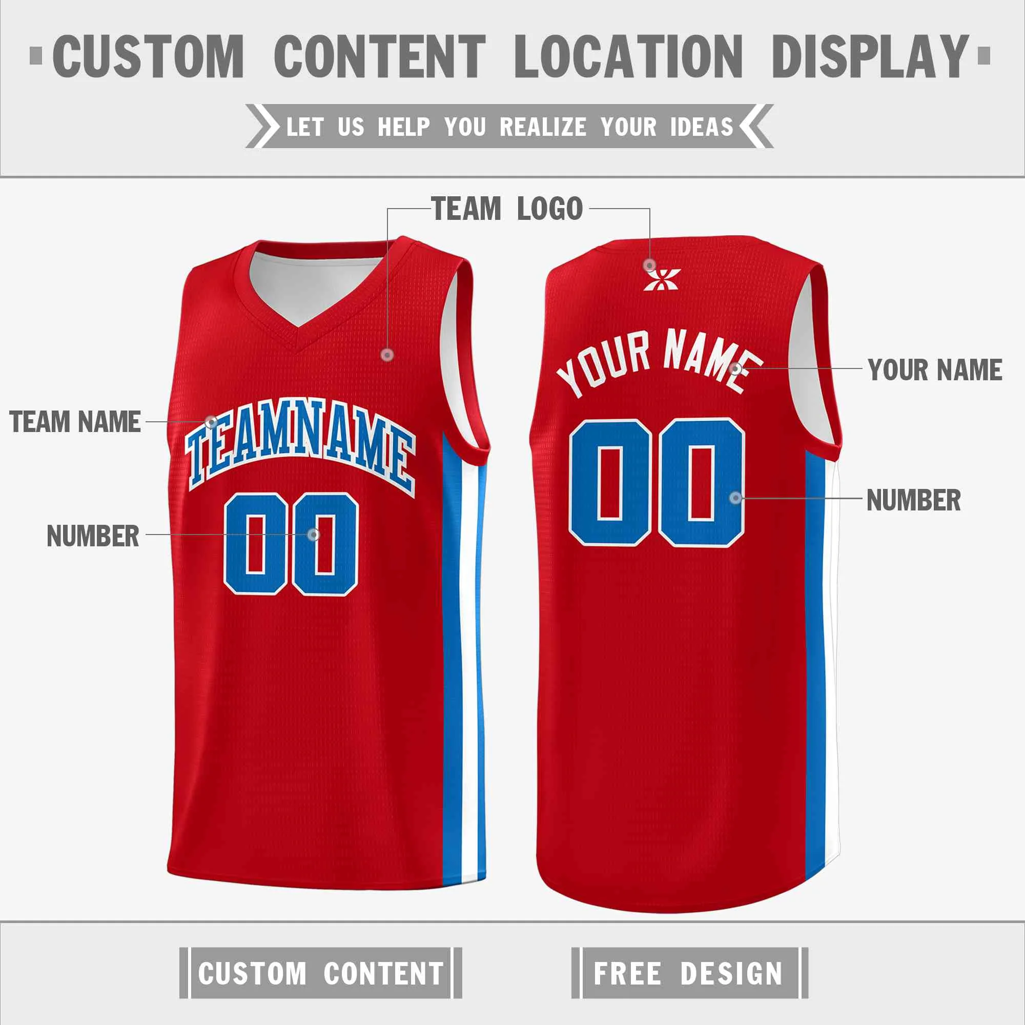 Custom Red Light Blue-White Classic Tops Mesh Sport Basketball Jersey - Image 2