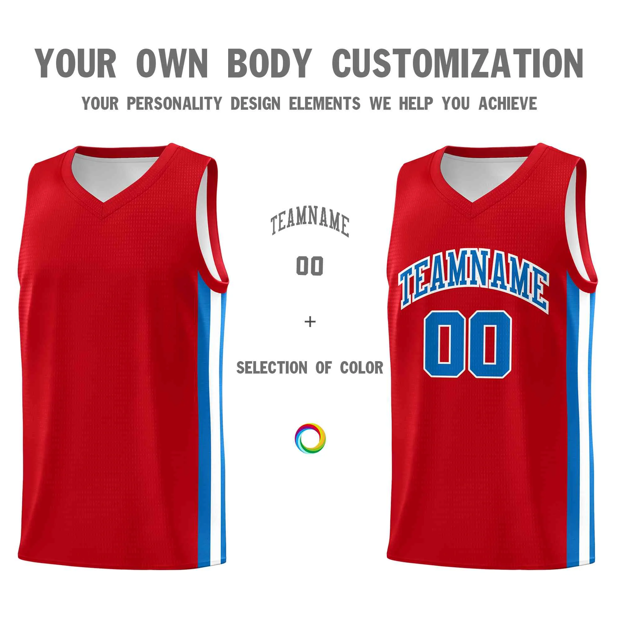 Custom Red Light Blue-White Classic Tops Mesh Sport Basketball Jersey - Image 3