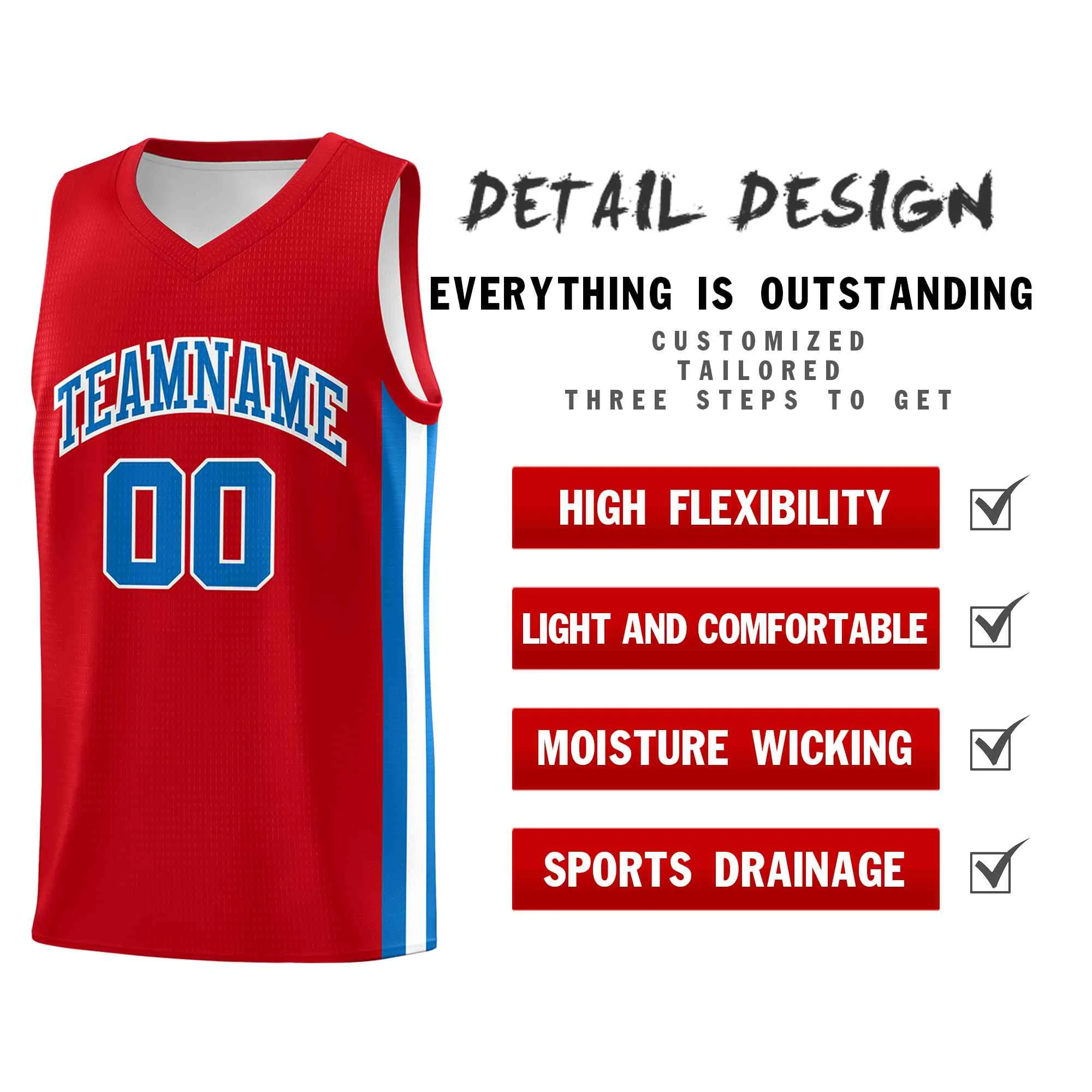 Custom Red Light Blue-White Classic Tops Mesh Sport Basketball Jersey - Image 4