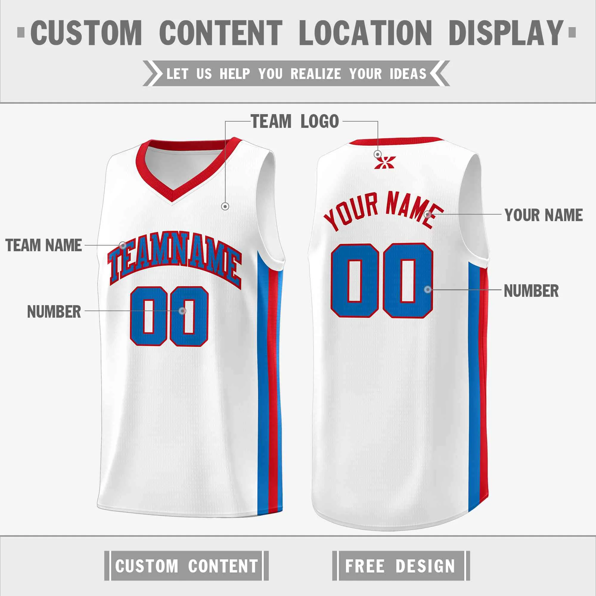 Custom White Blue-Red Classic Tops Mesh Sport Basketball Jersey - Image 2