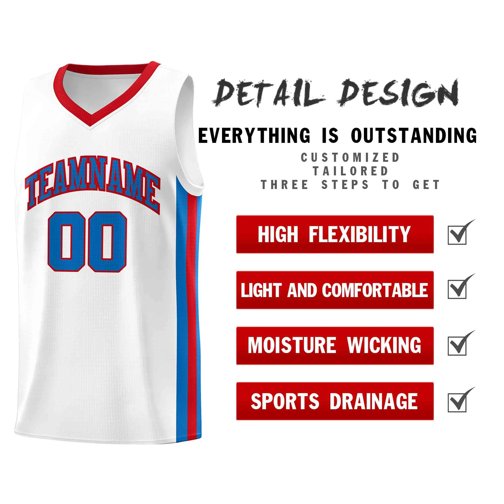 Custom White Blue-Red Classic Tops Mesh Sport Basketball Jersey - Image 4