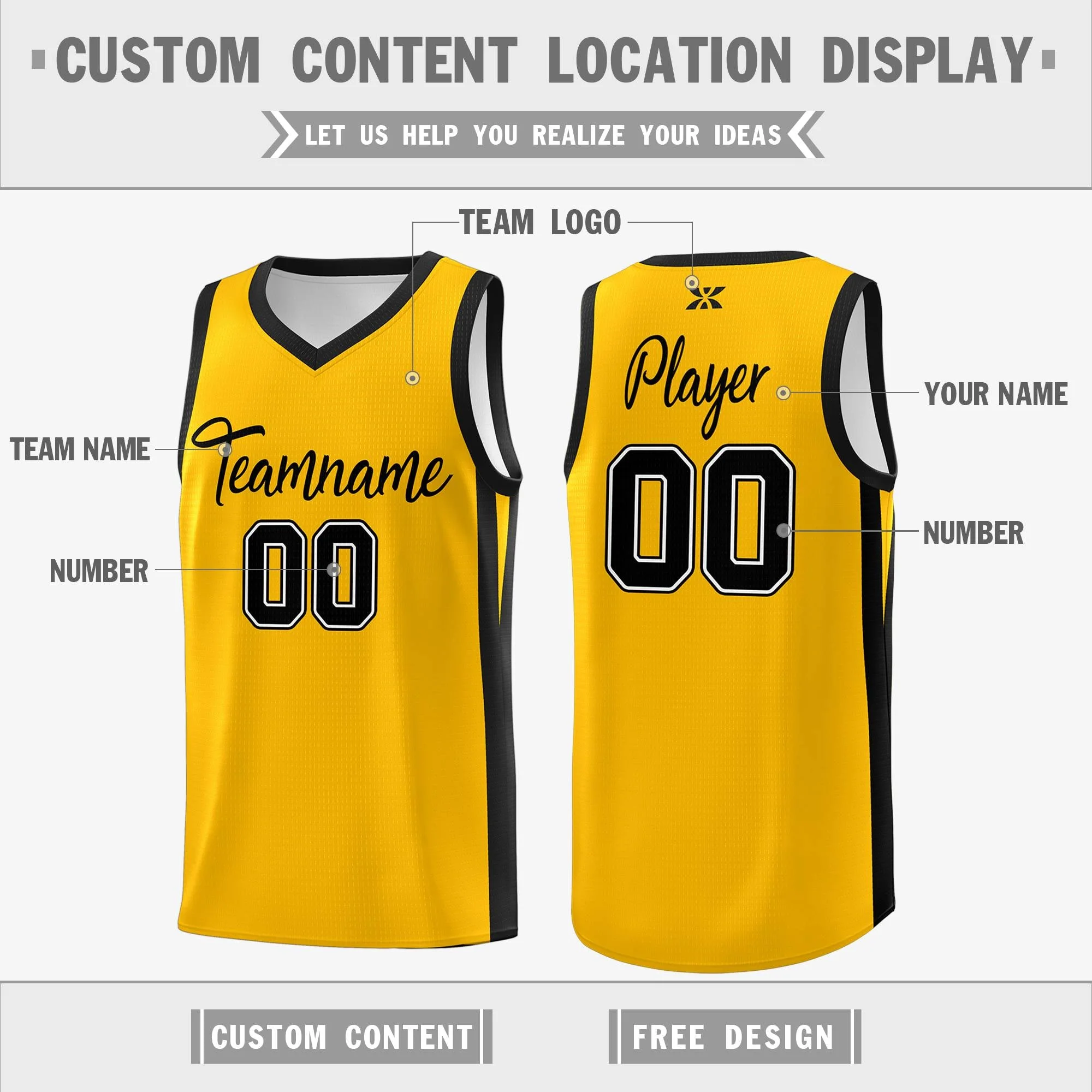 Custom Yellow Black Classic Tops Sports Personalized Basketball Jersey - Image 2