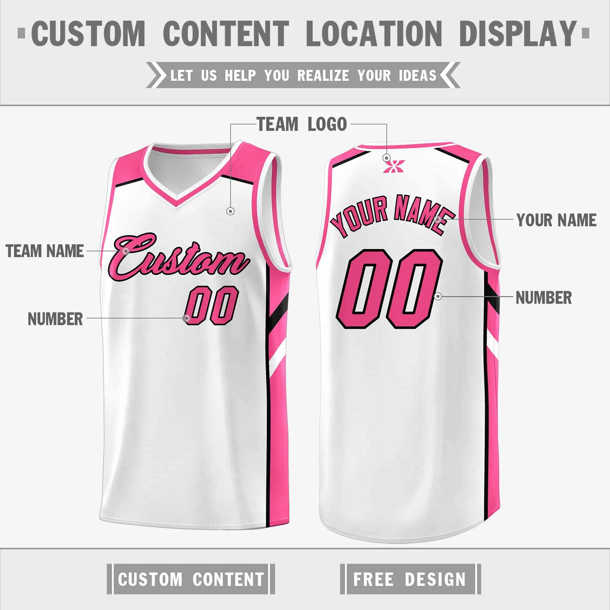 Custom White Pink-Black Classic Tops Style Mesh Sport Basketball Jersey - Image 2