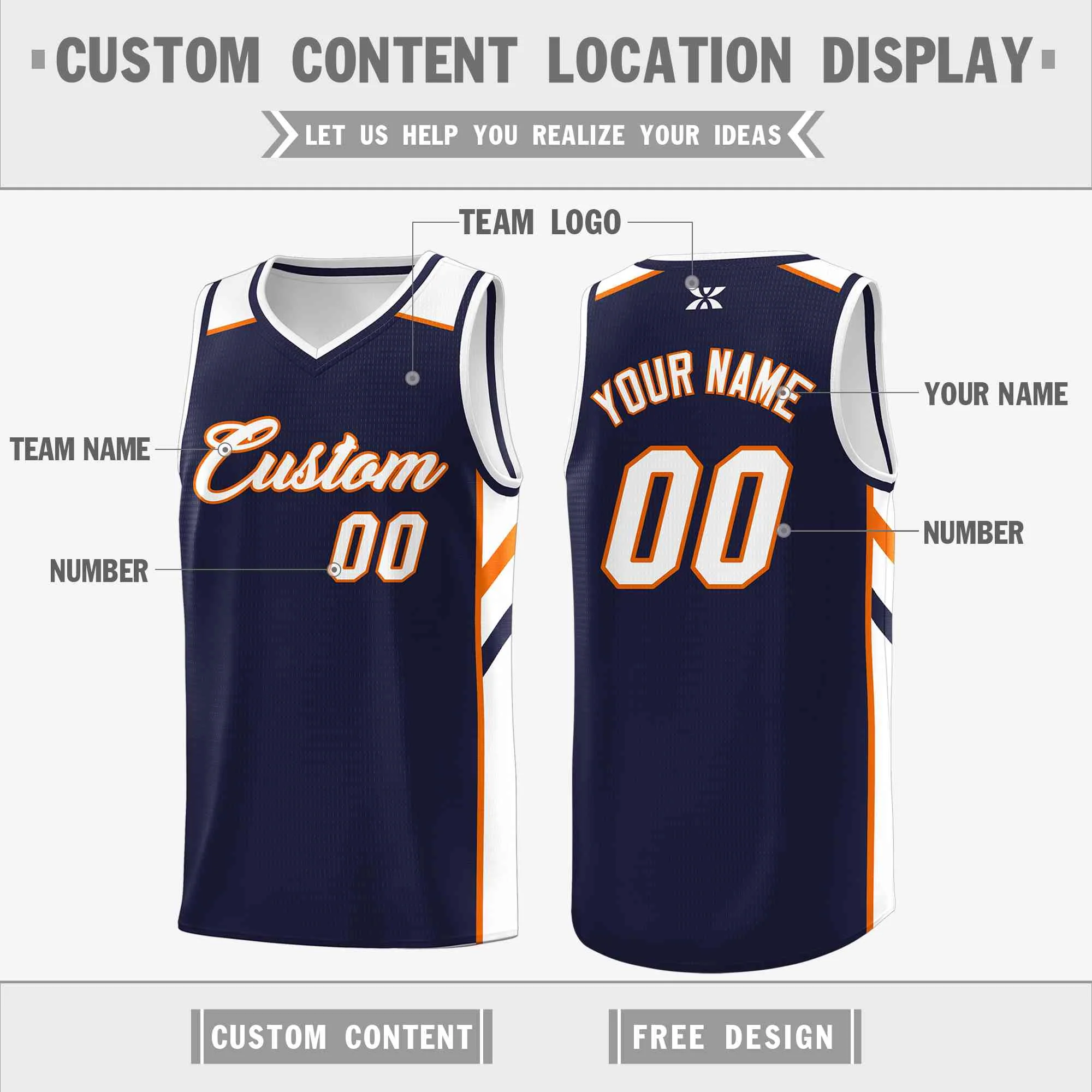 Custom Navy White-Orange Classic Tops Style Mesh Sport Basketball Jersey - Image 2